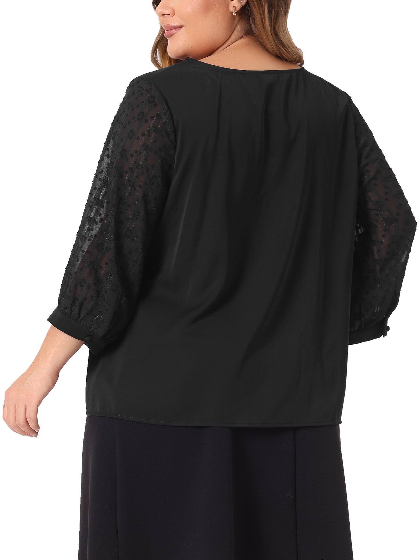 Women's Plus Size Top V Neck Sheer Lace Panel 3/4 Sleeve Button Up Lace Shirt