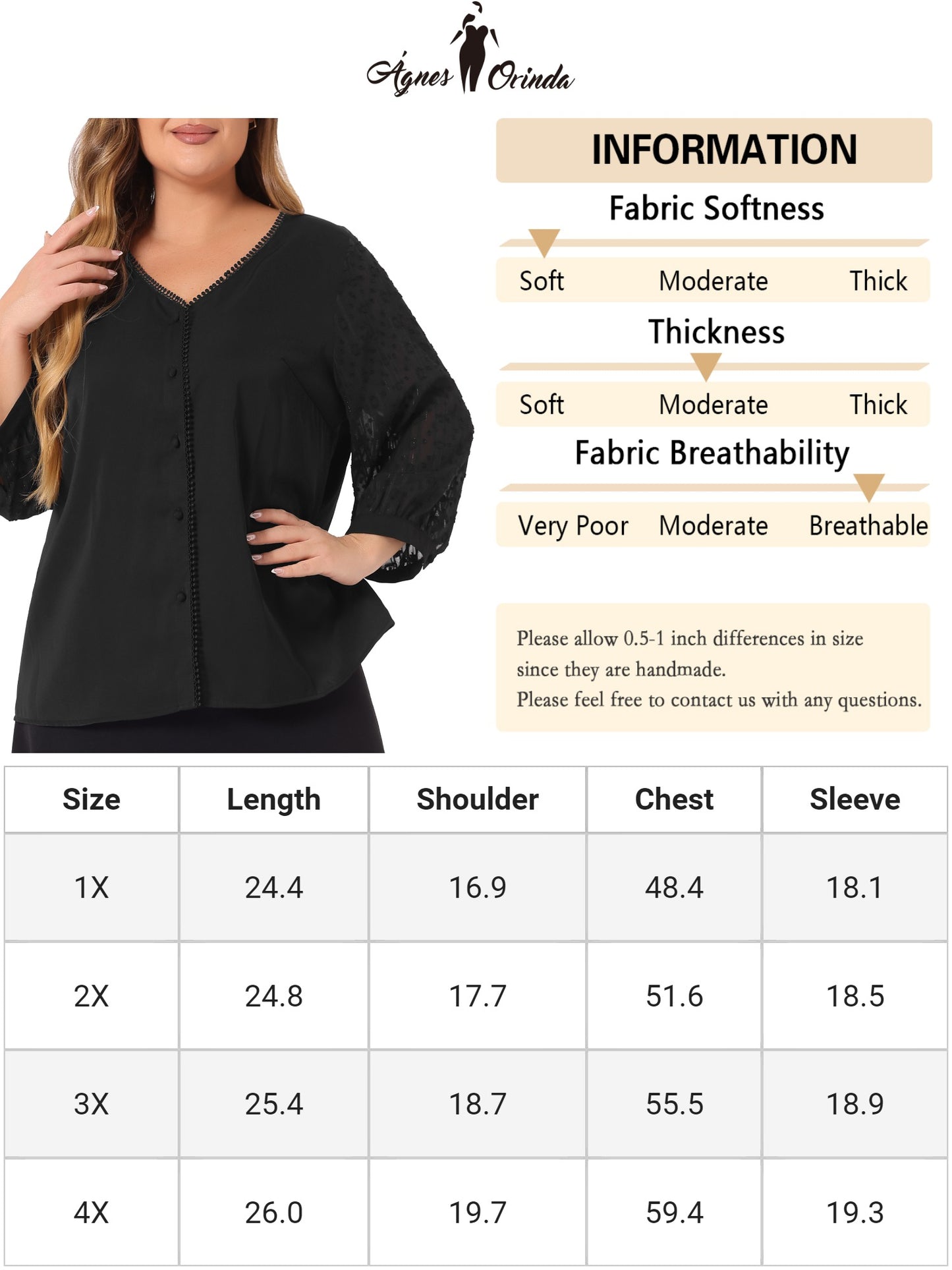 Camisa de encaje con botones y manga 3/4 con cuello en V y panel de encaje transparente para mujer, talla grande
