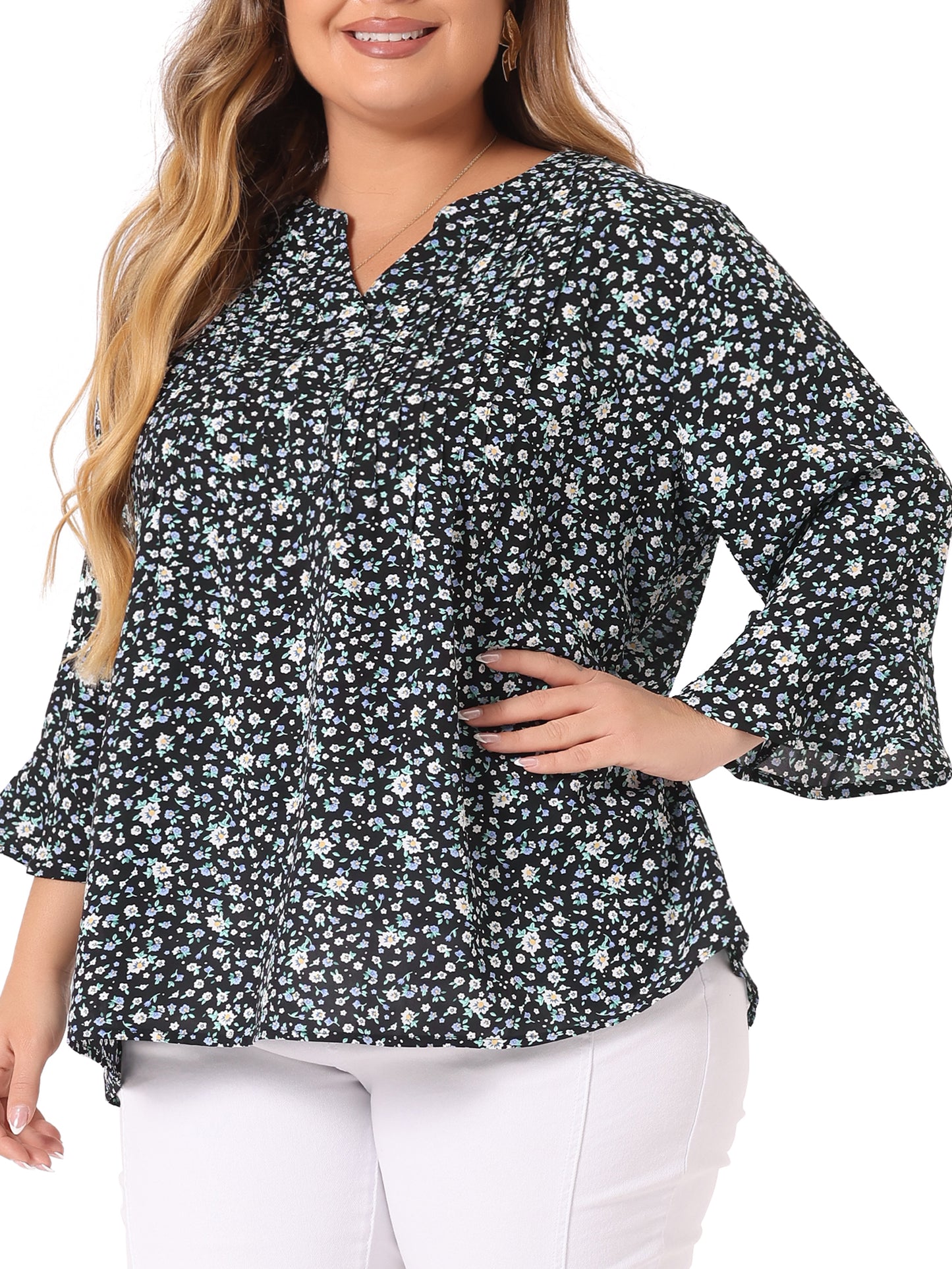 Women Plus Size Top Pleated Long Sleeves V Neck Floral Blouse