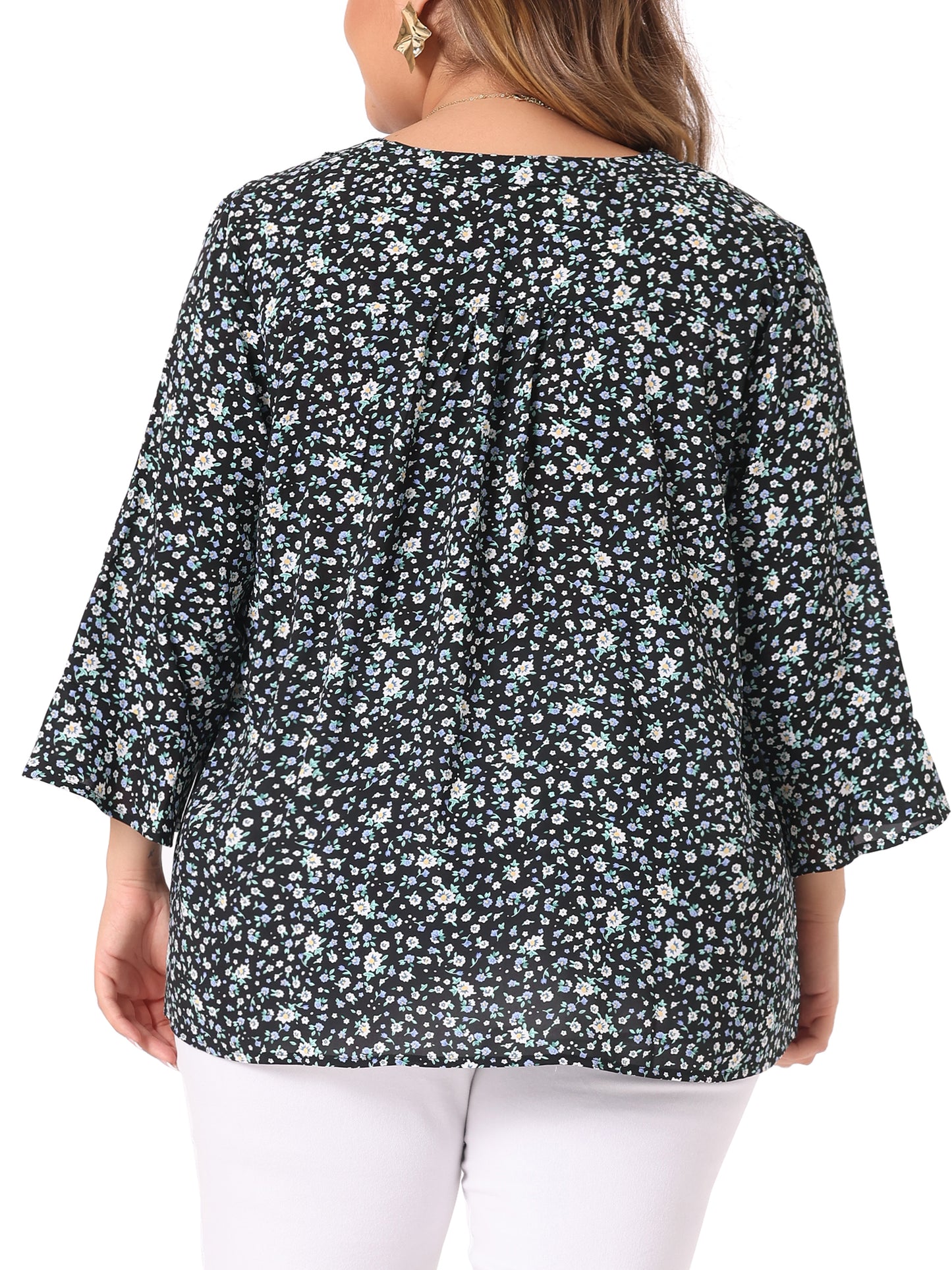 Women Plus Size Top Pleated Long Sleeves V Neck Floral Blouse