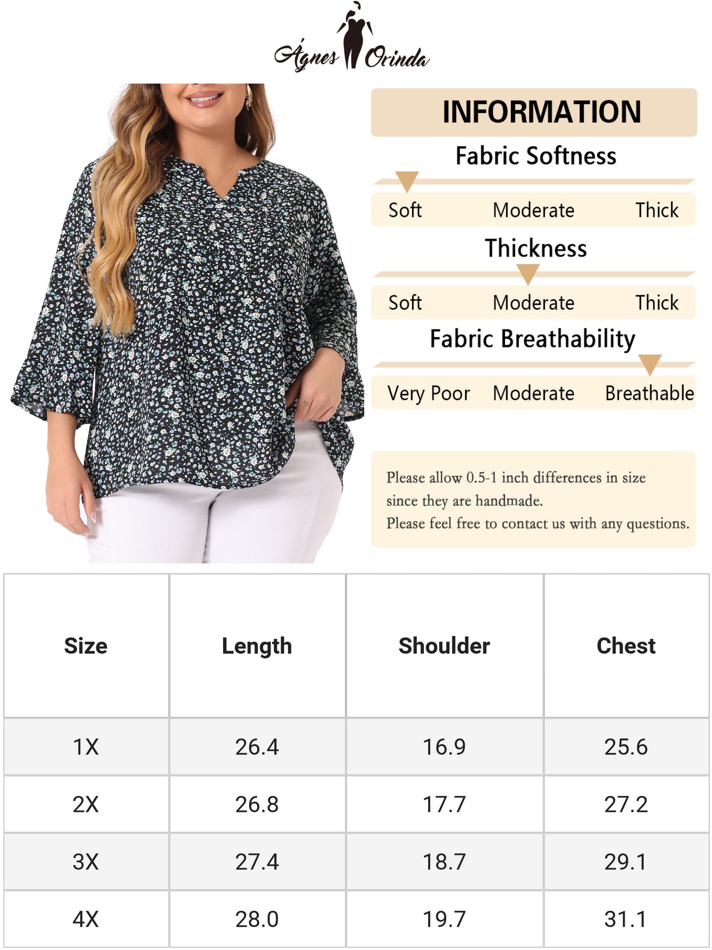 Blusa floral plisada de manga larga con cuello en V para mujer, talla grande
