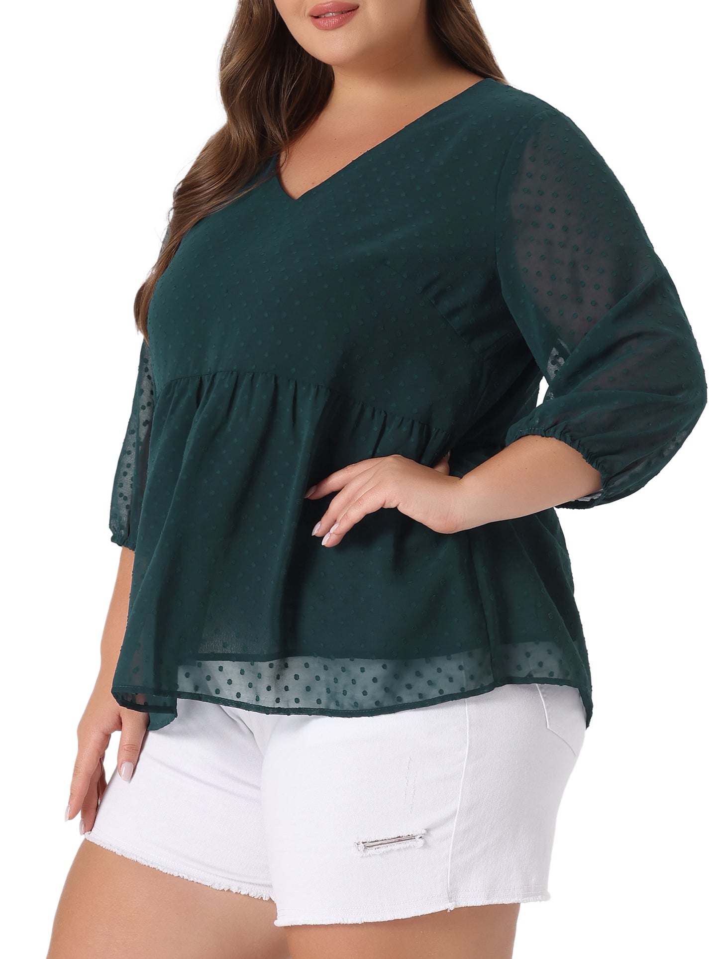 Women Plus Size Chiffon Top Babydoll Long Sleeve Swiss Dots Blouse