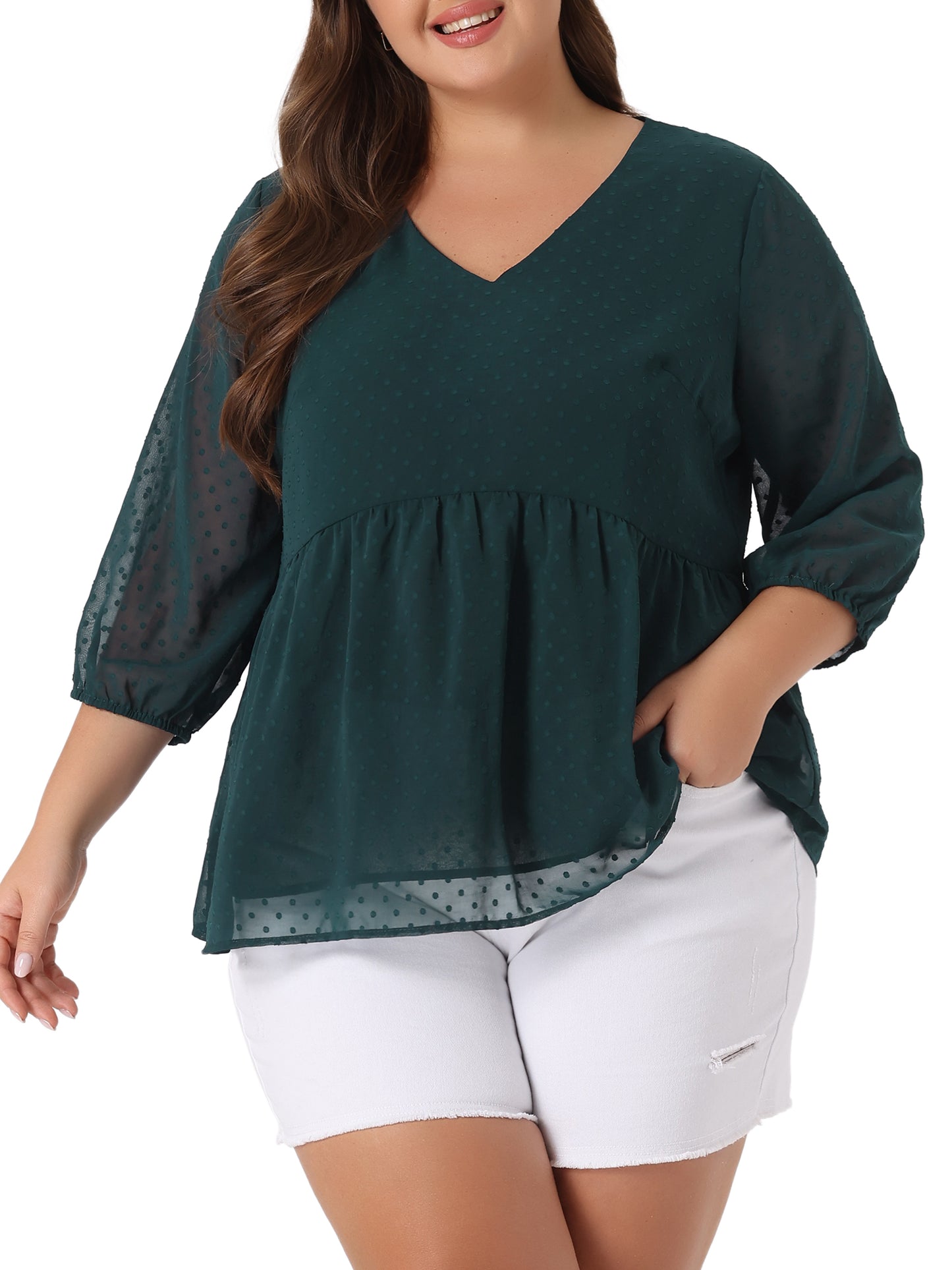 Women Plus Size Chiffon Top Babydoll Long Sleeve Swiss Dots Blouse