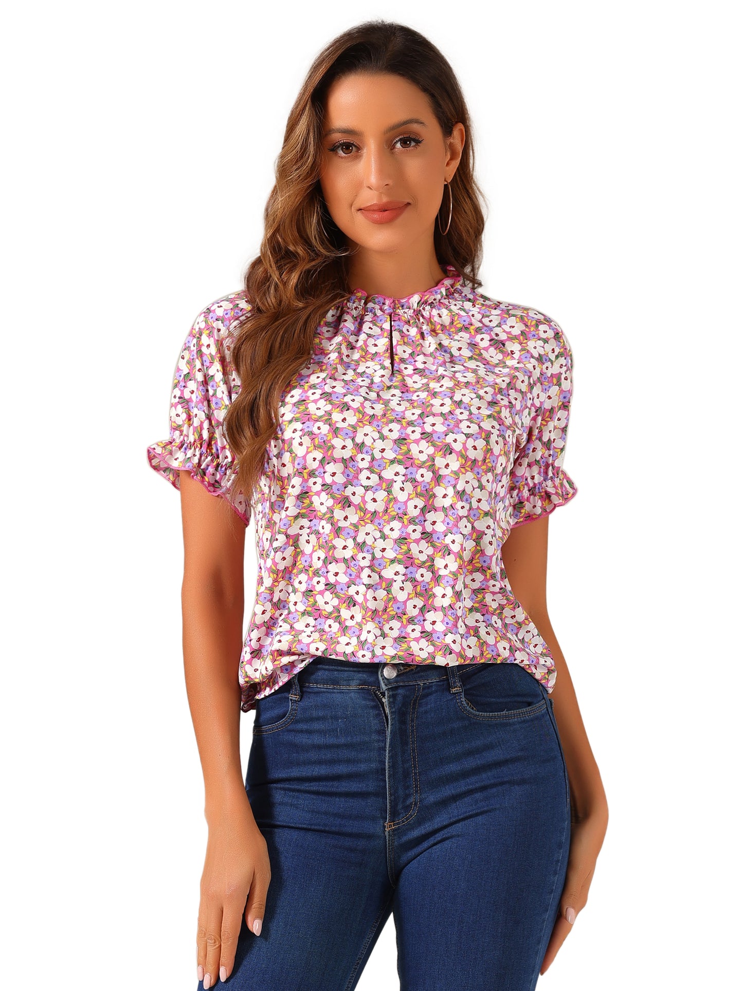 Blusa informal de verano de manga corta con cuello alto y estampado floral con volantes para mujer