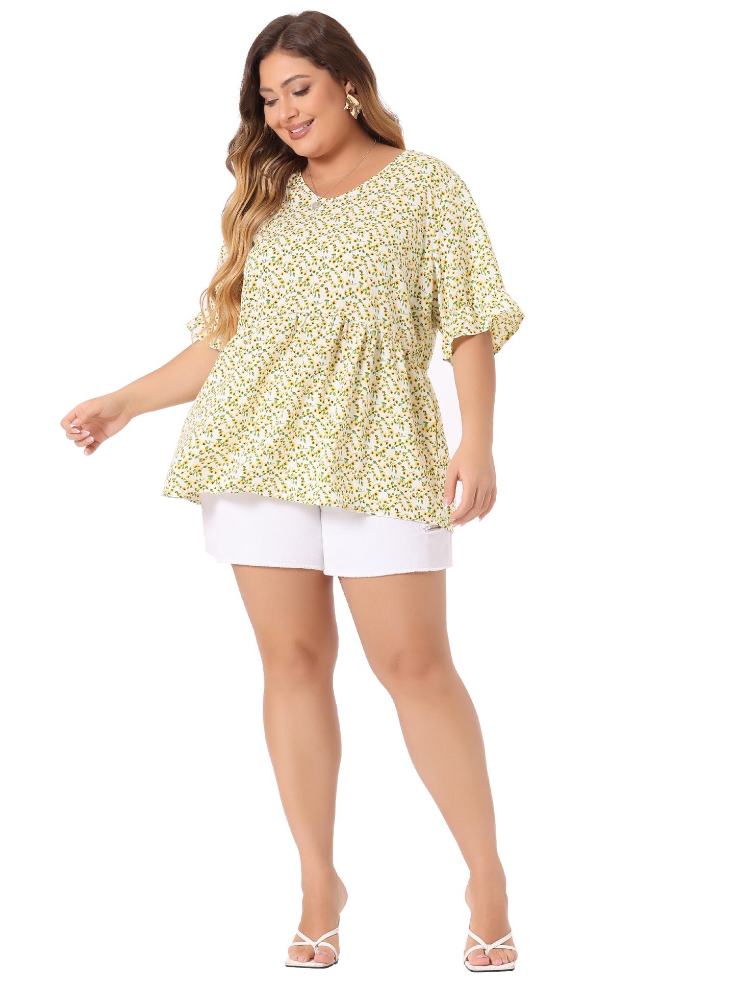 Women's Plus Size Top V Neck Floral Print Ruffle Short Sleeve Tiered Babydoll Blouse