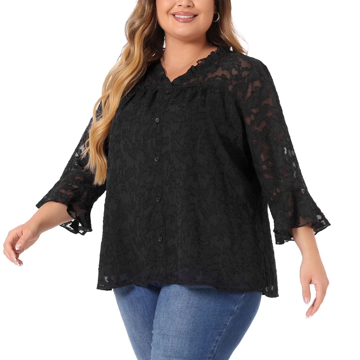 Women Plus Size Top Ruffle V Neck 3/4 Bell Sleeve Semi Sheer Blouse