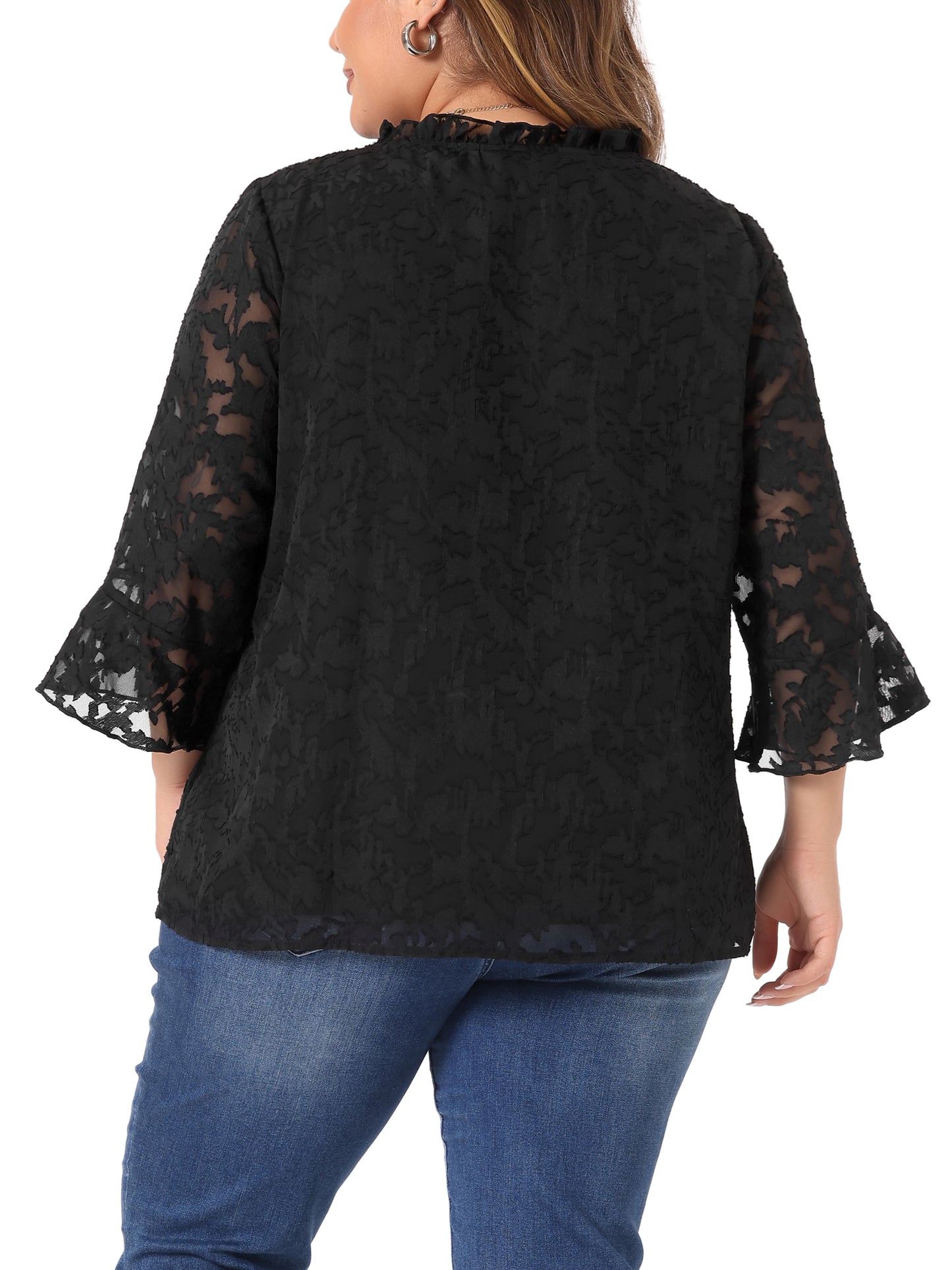 Women Plus Size Top Ruffle V Neck 3/4 Bell Sleeve Semi Sheer Blouse