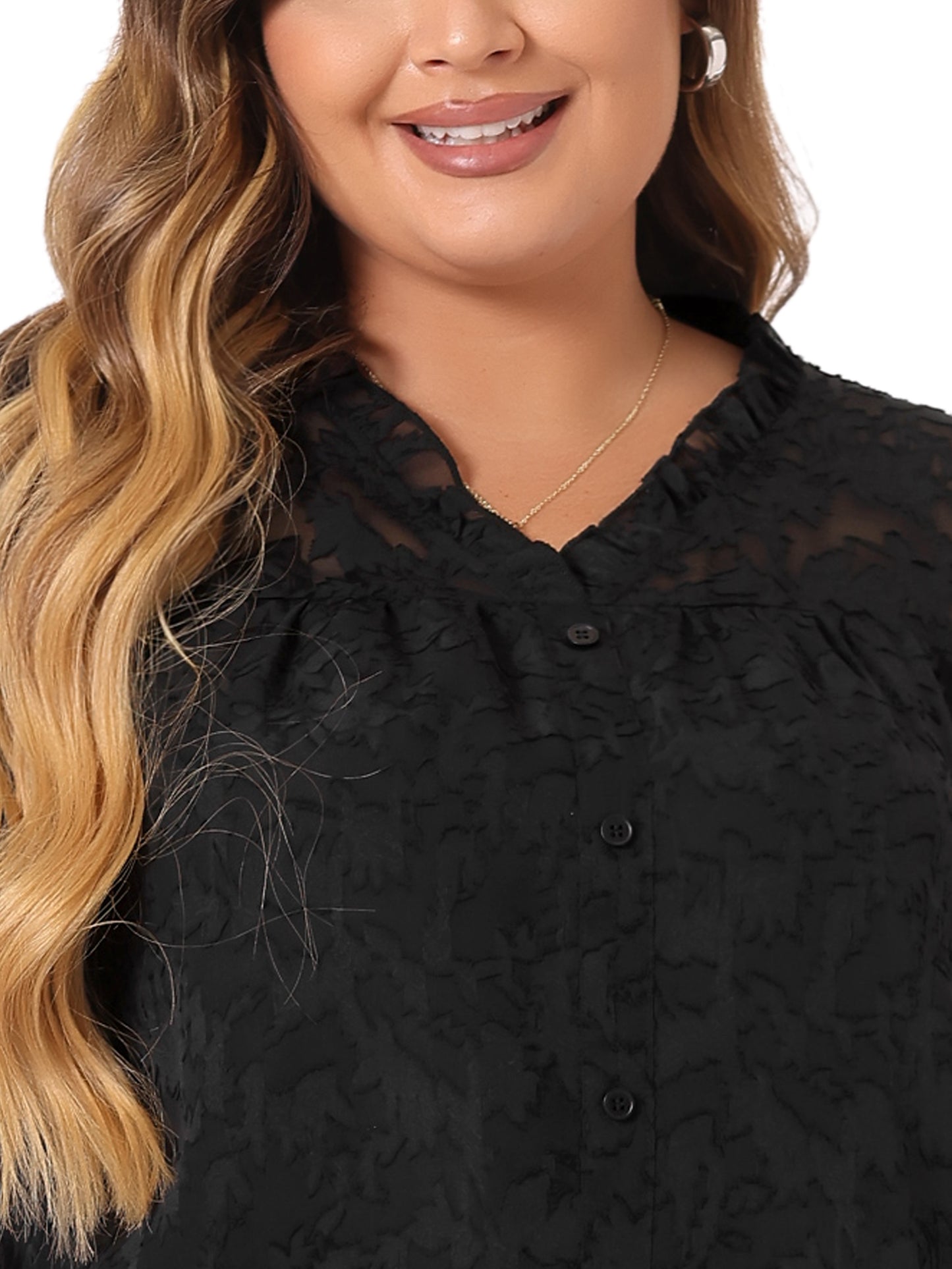 Women Plus Size Top Ruffle V Neck 3/4 Bell Sleeve Semi Sheer Blouse
