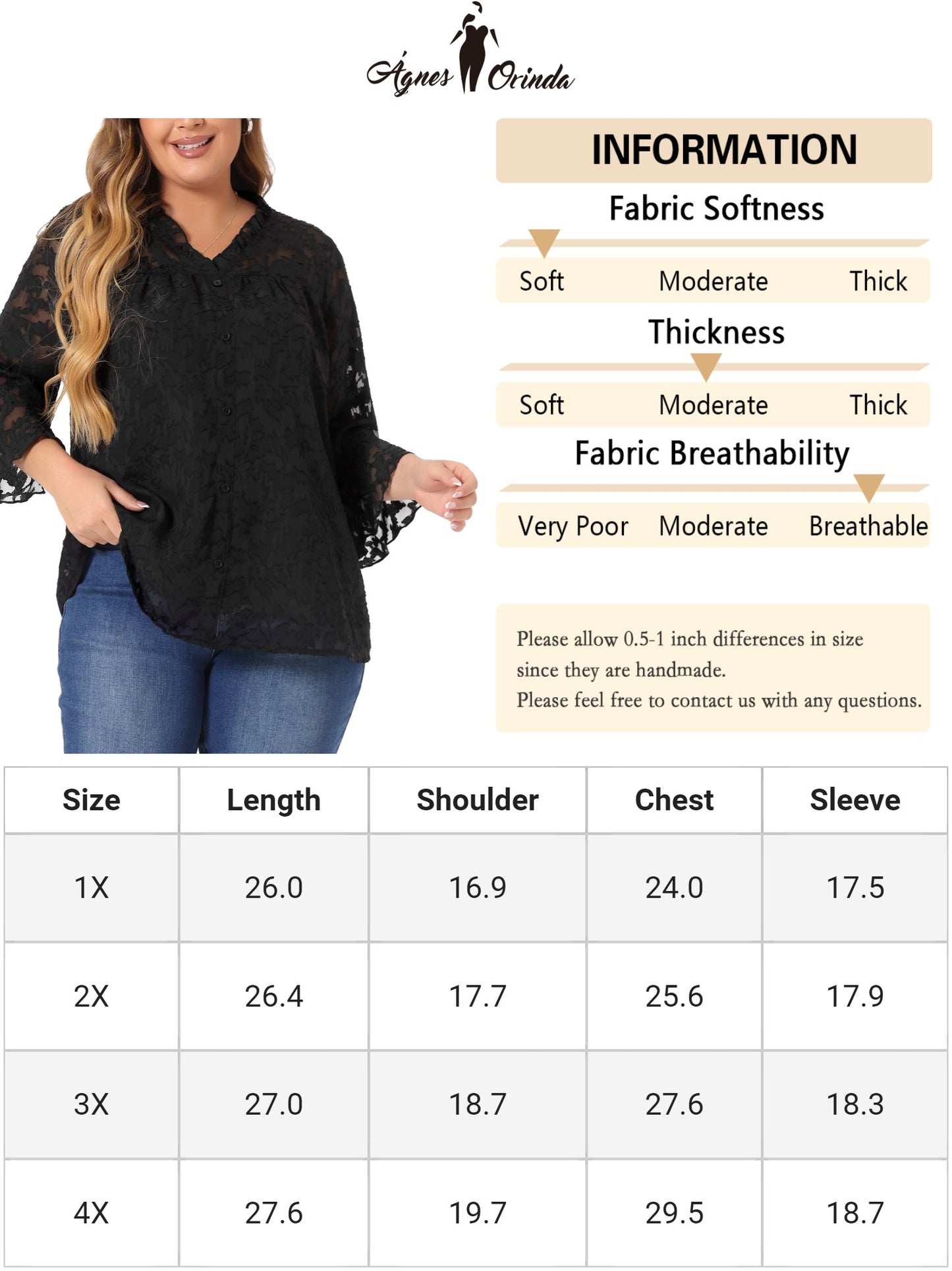 Women Plus Size Top Ruffle V Neck 3/4 Bell Sleeve Semi Sheer Blouse