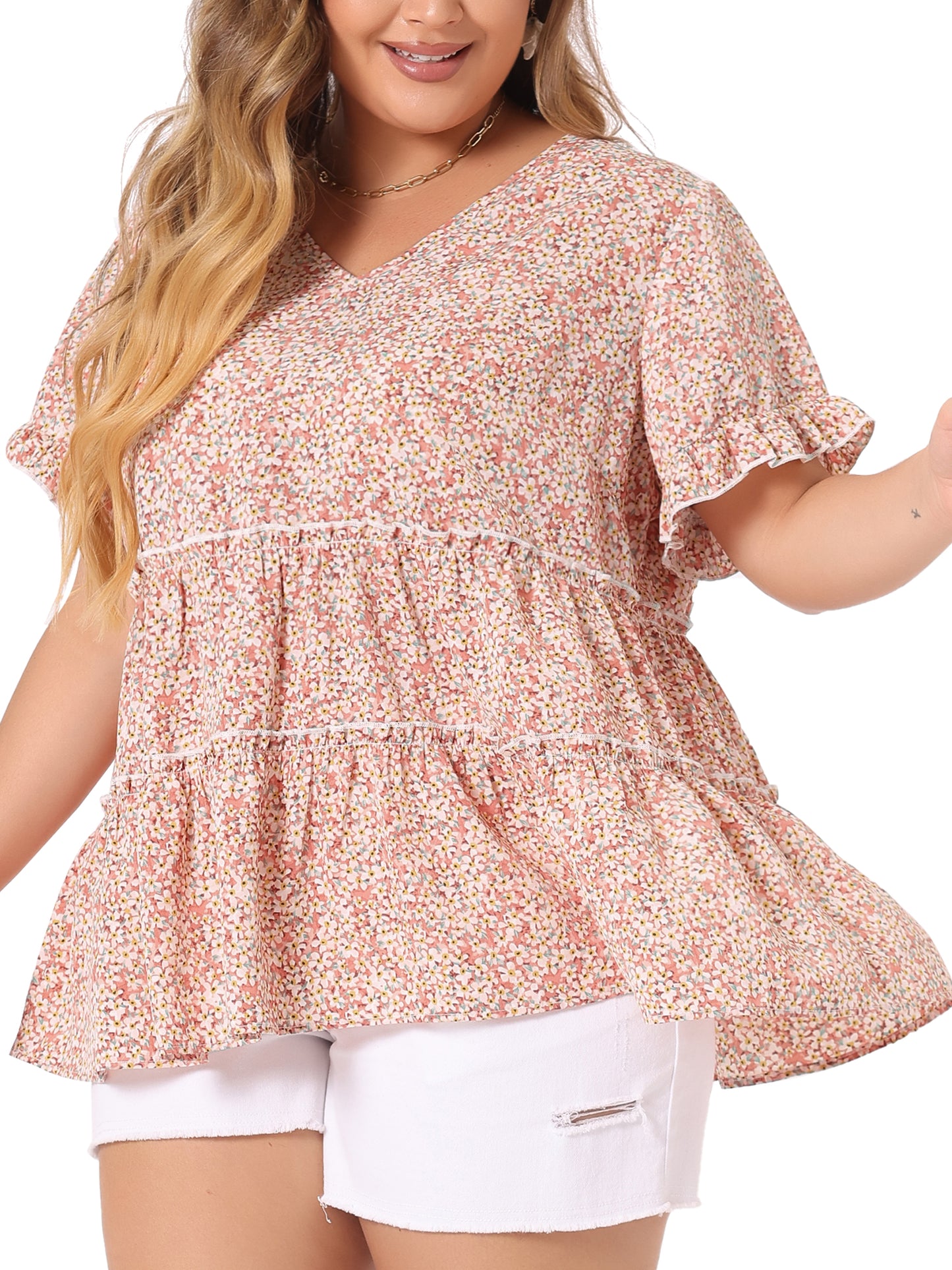 Women's Plus Size Blouse Summer Tops V Neck Short Sleeve Boho Floral Babydolls Blouse
