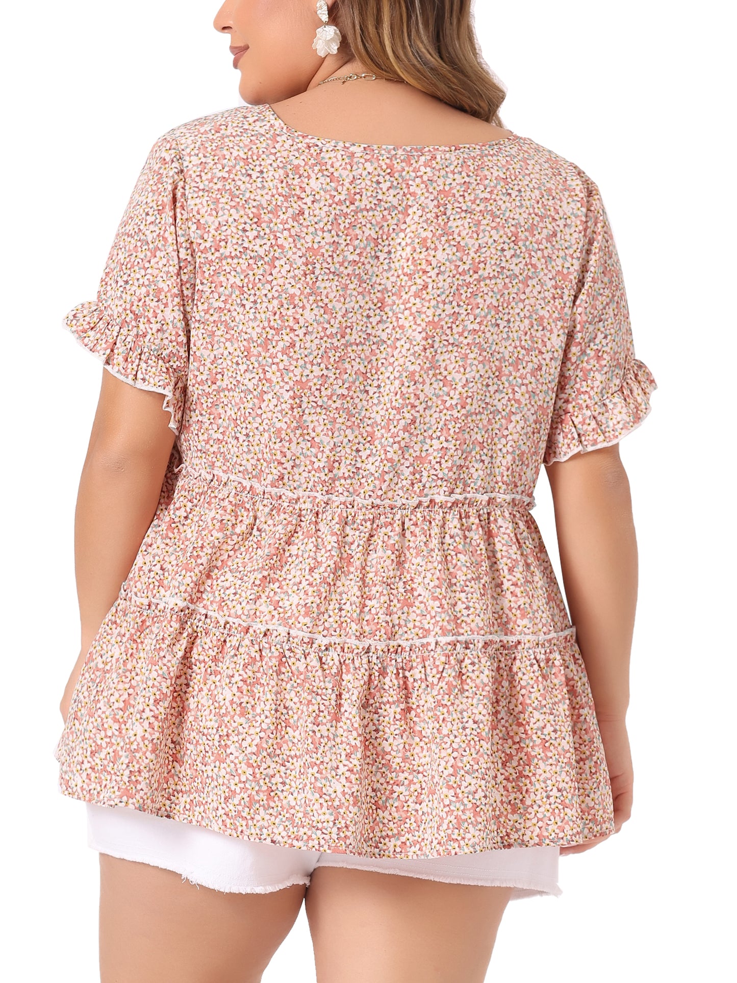 Women's Plus Size Blouse Summer Tops V Neck Short Sleeve Boho Floral Babydolls Blouse
