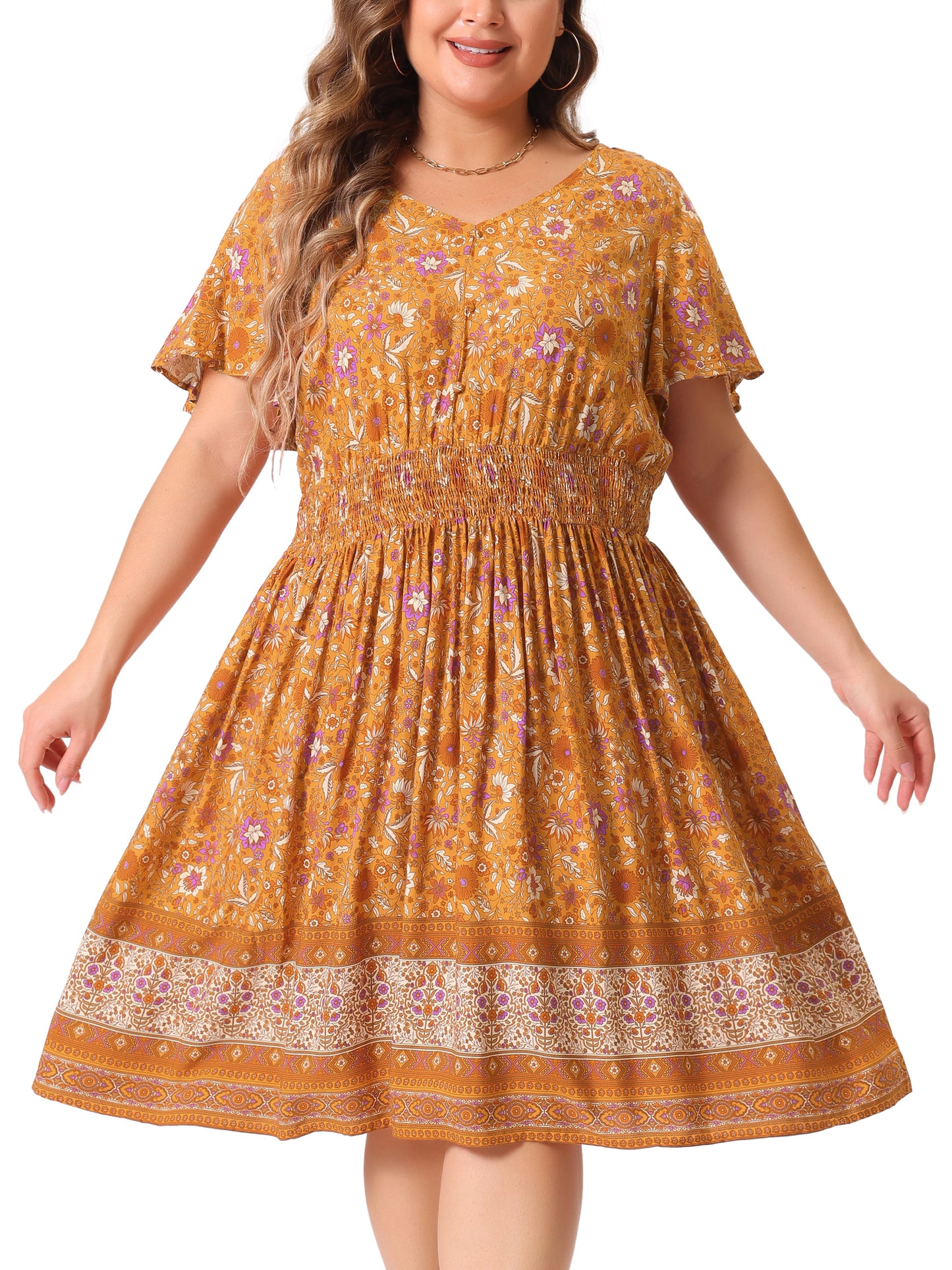 Women Plus Size Placed Pattern Bohemian Smock Waist V Neck Summer Midi Dress