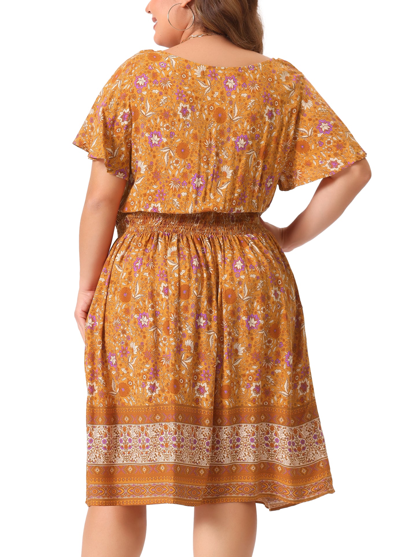 Women Plus Size Placed Pattern Bohemian Smock Waist V Neck Summer Midi Dress