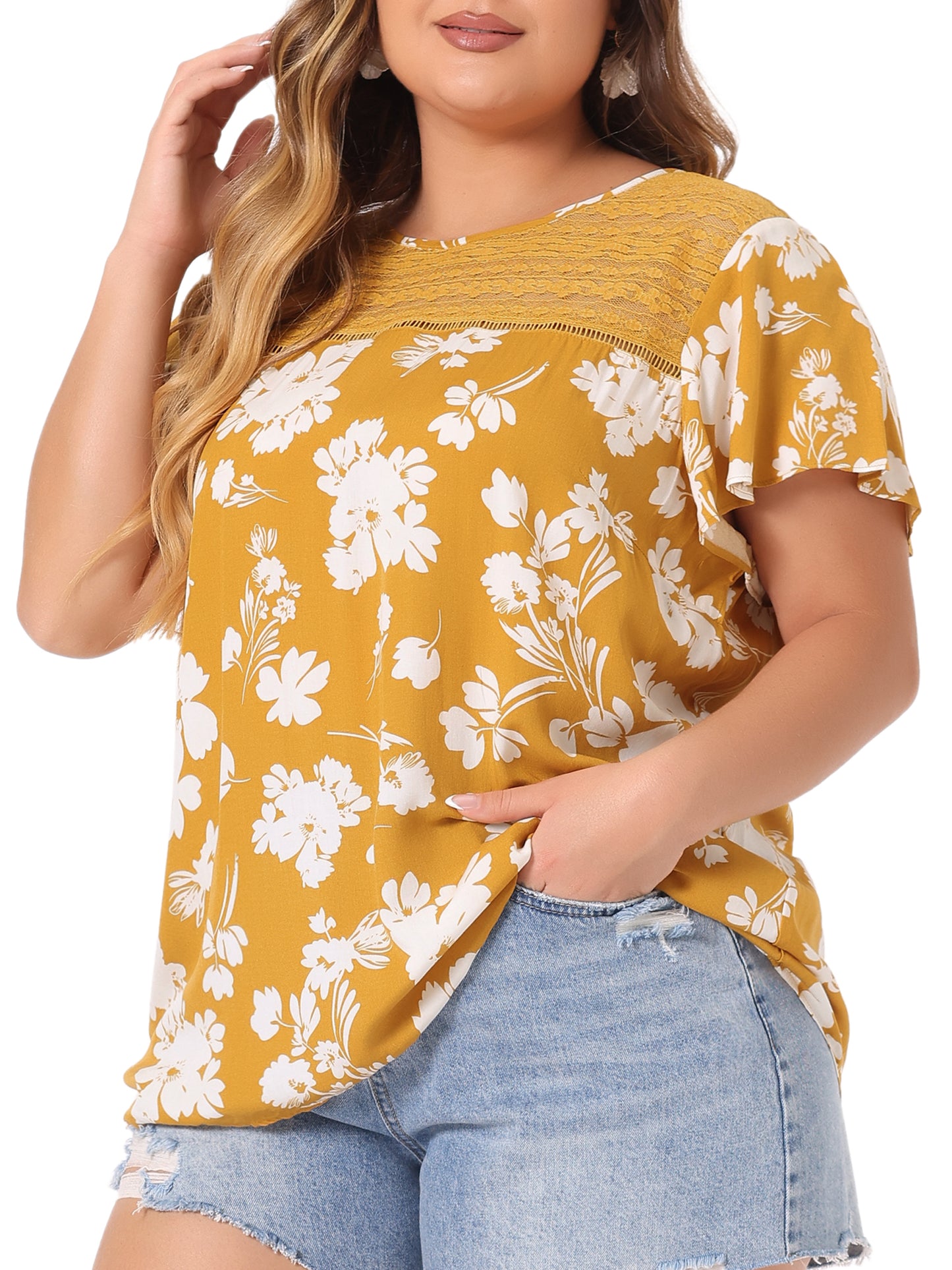 Women Plus Size Flared Sleeve Floral Summer Lace Panel Tunic Blouse