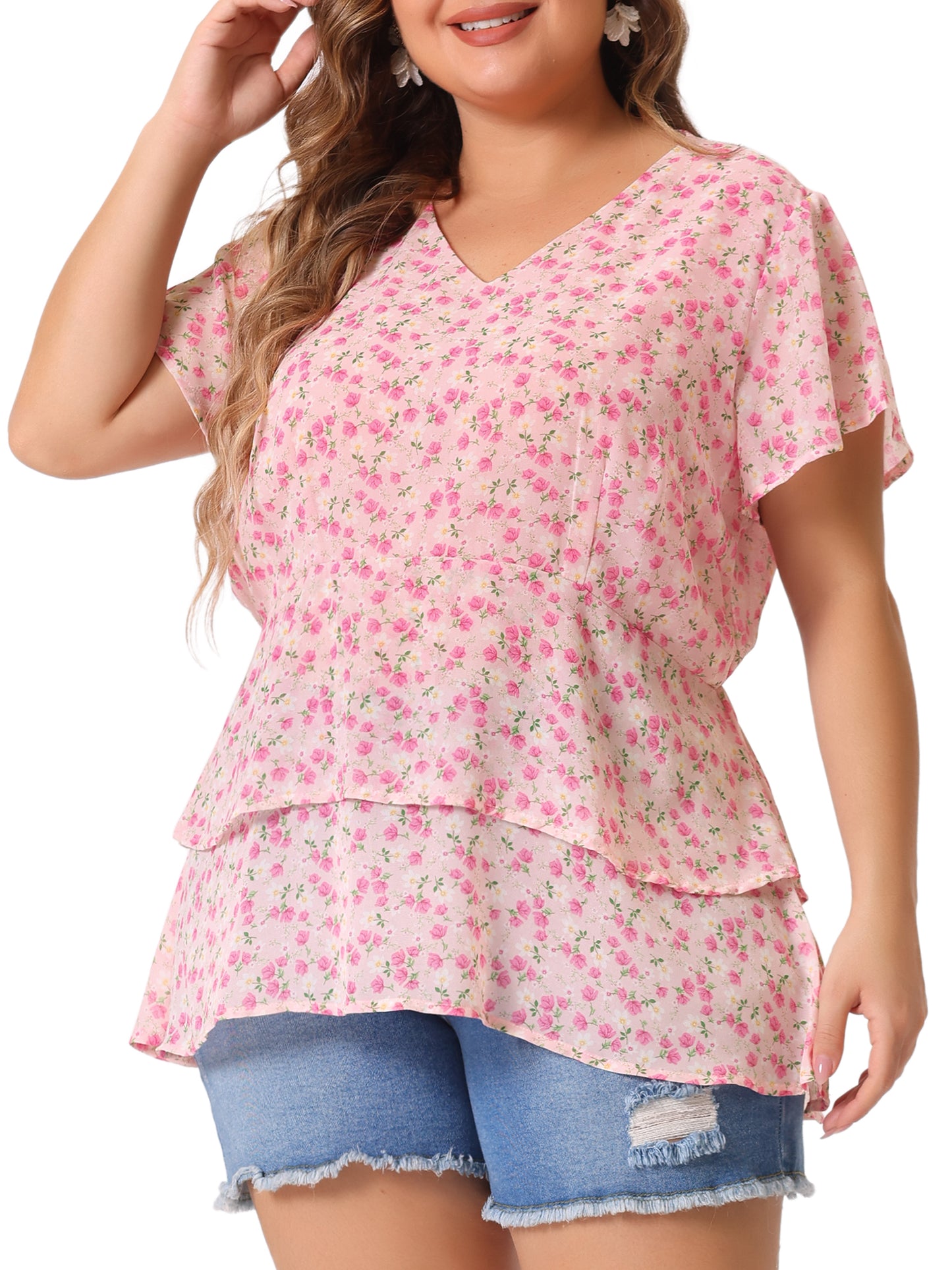 Women Plus Size Summe Tops V Neck Short Sleeve layered Floral Blouse