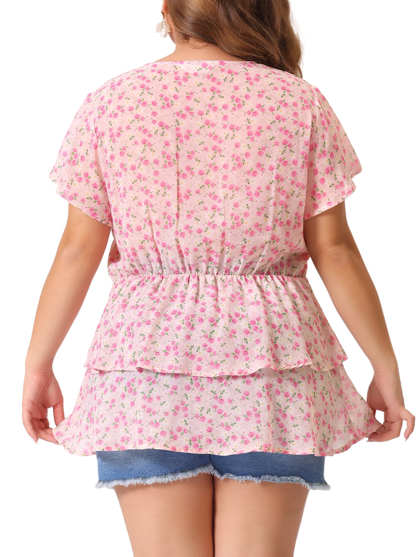 Women Plus Size Summe Tops V Neck Short Sleeve layered Floral Blouse