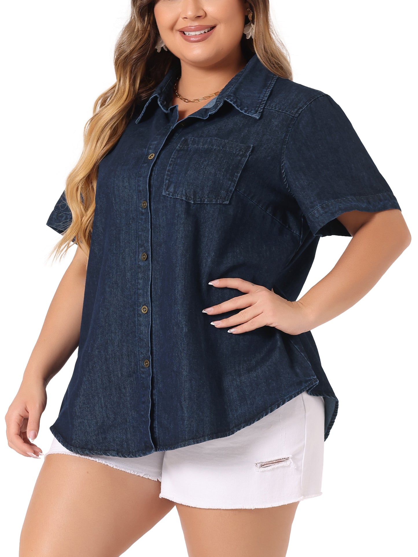Women Plus Size Denim Shirt Jean Western Shirts Short Sleeve Button Down Top