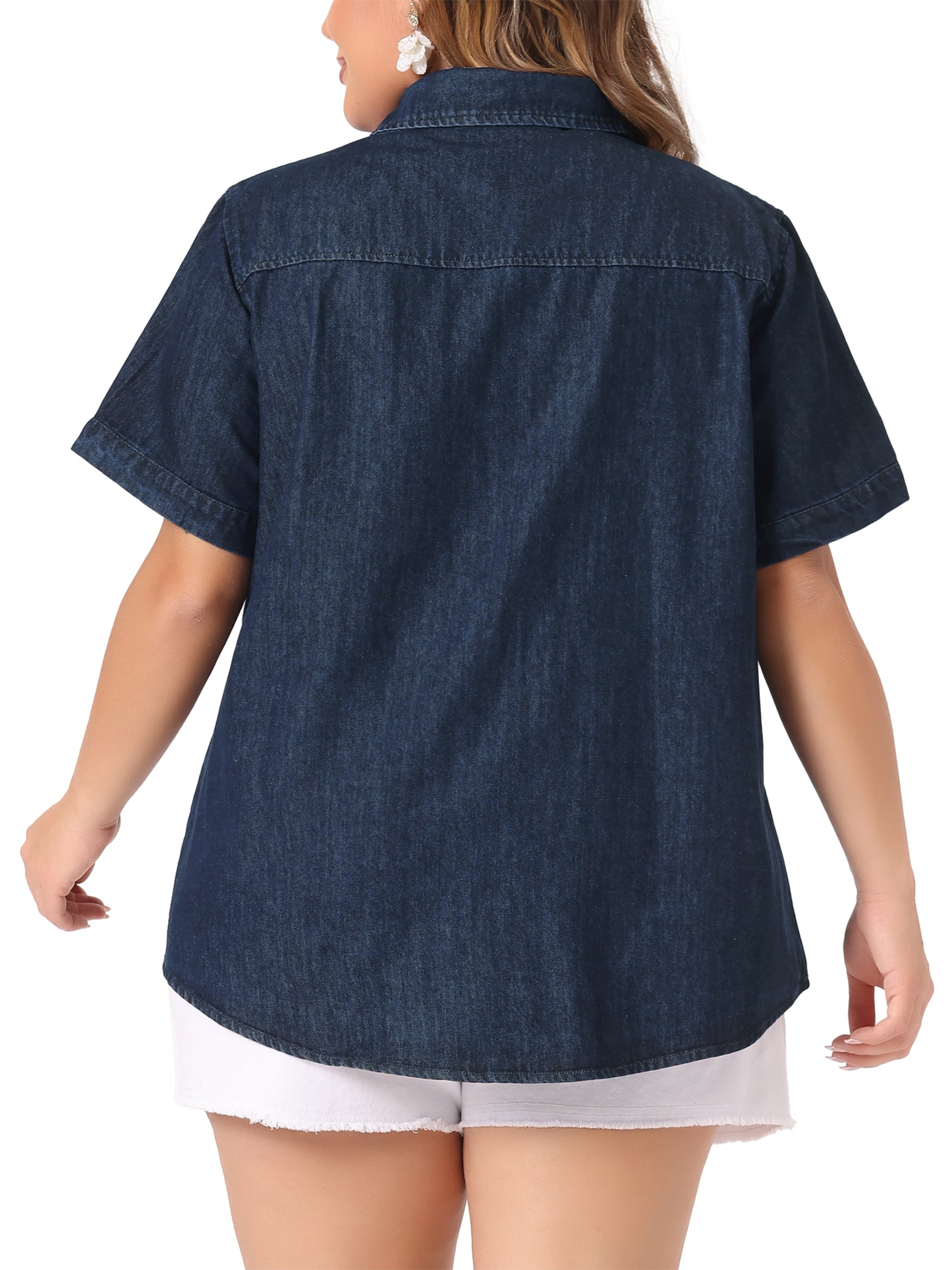 Women Plus Size Denim Shirt Jean Western Shirts Short Sleeve Button Down Top