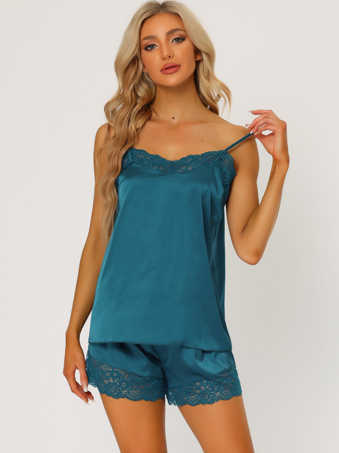 Pijama de satén para mujer, camisola con ribete de encaje y pantalones cortos, conjunto de pijama sedoso para estar en casa