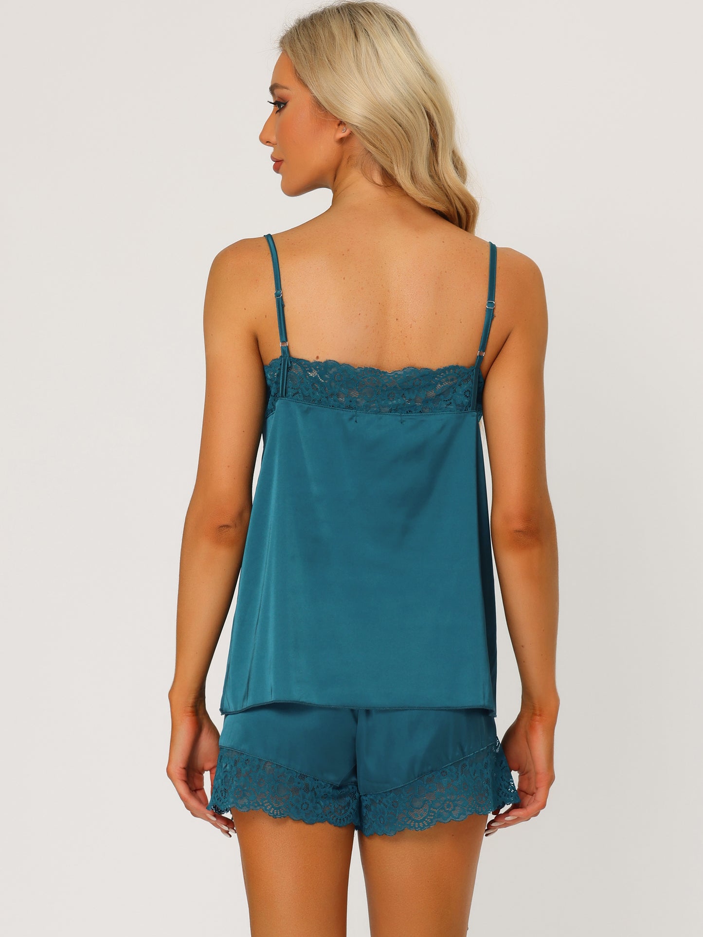Pijama de satén para mujer, camisola con ribete de encaje y pantalones cortos, conjunto de pijama sedoso para estar en casa
