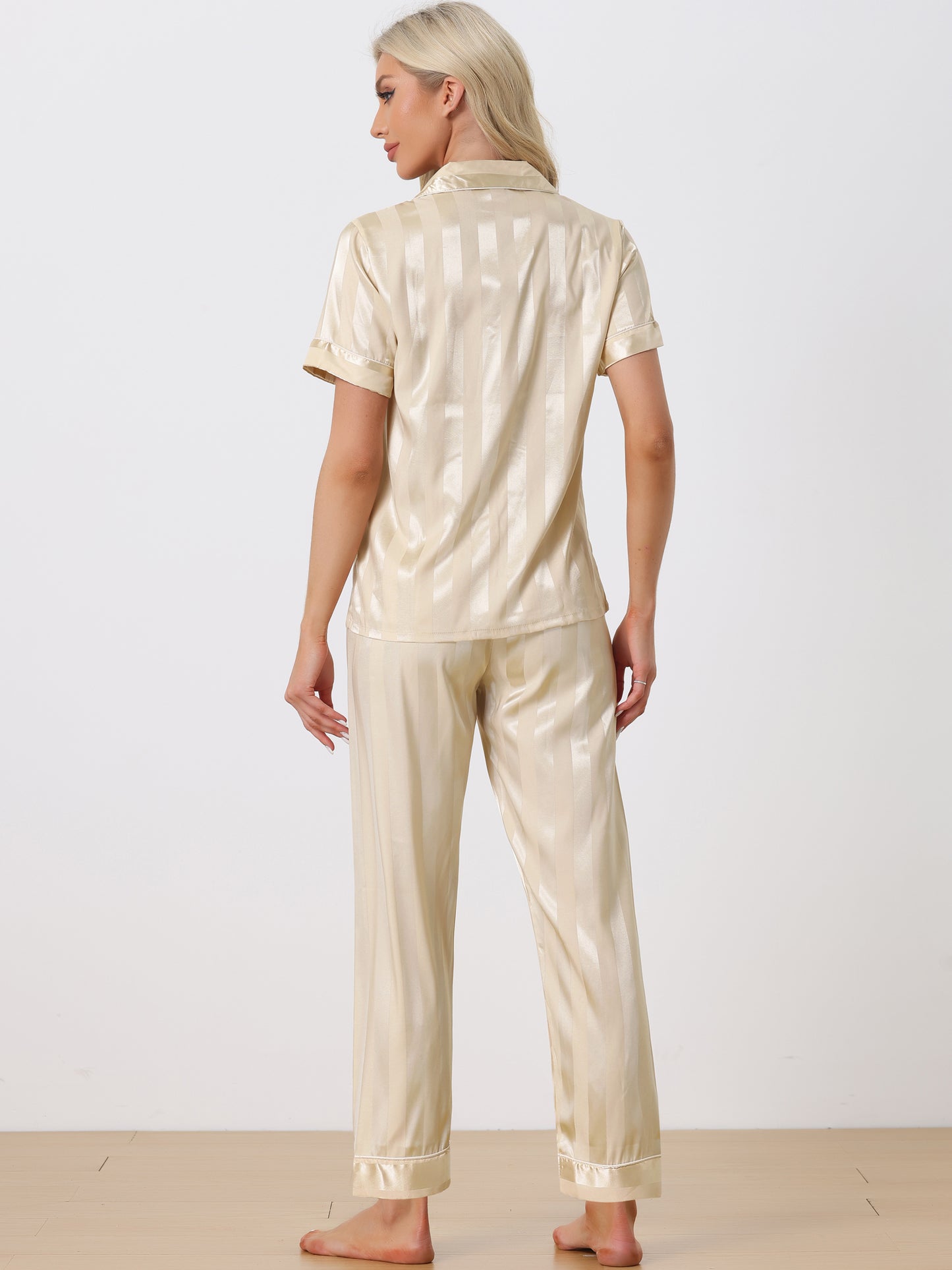 Women's Satin Button Down Sleepwear Striped Short Sleeve Long Pants Silky Pajama Set