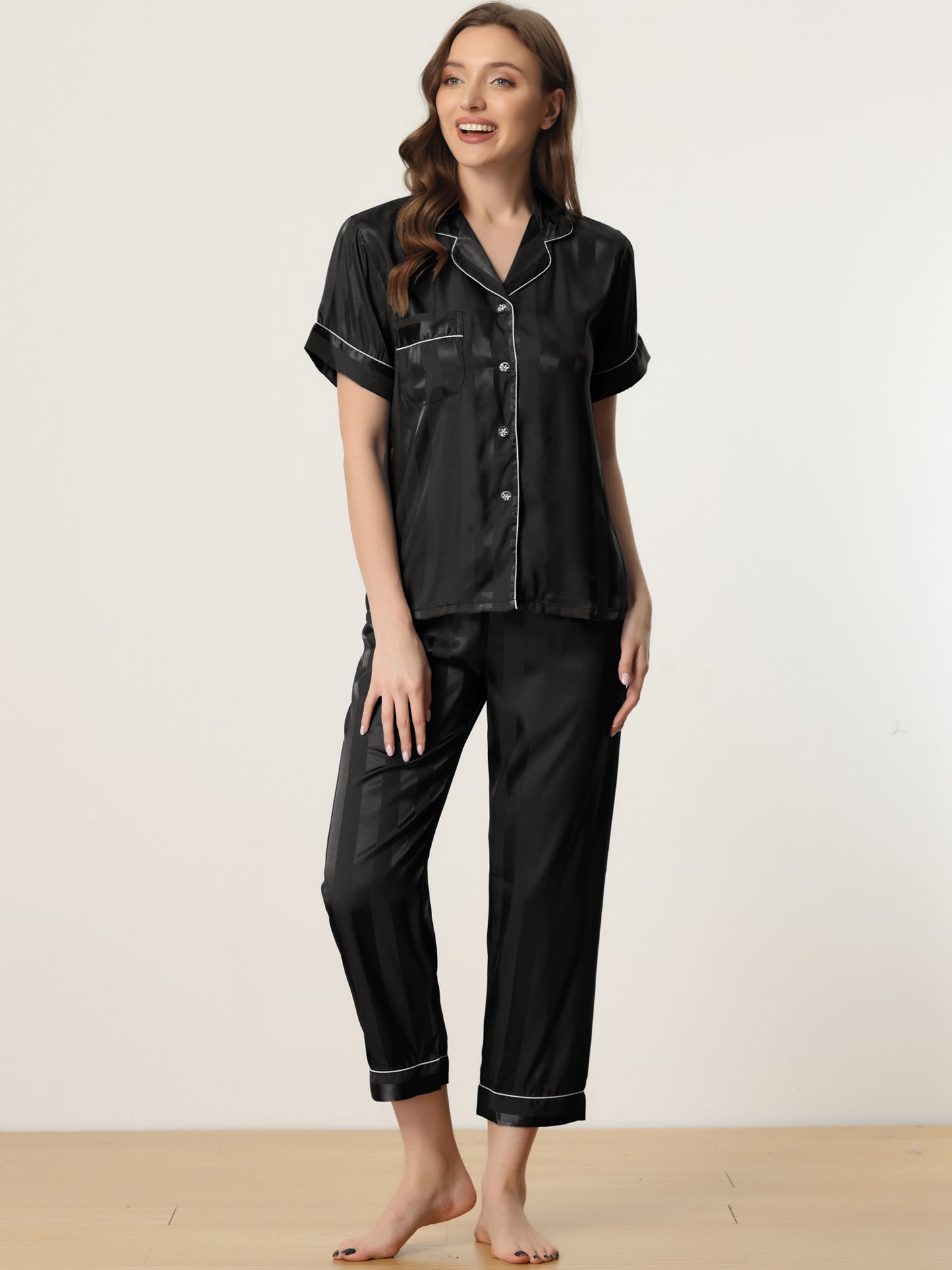 Women's Satin Button Down Sleepwear Striped Short Sleeve Long Pants Silky Pajama Set