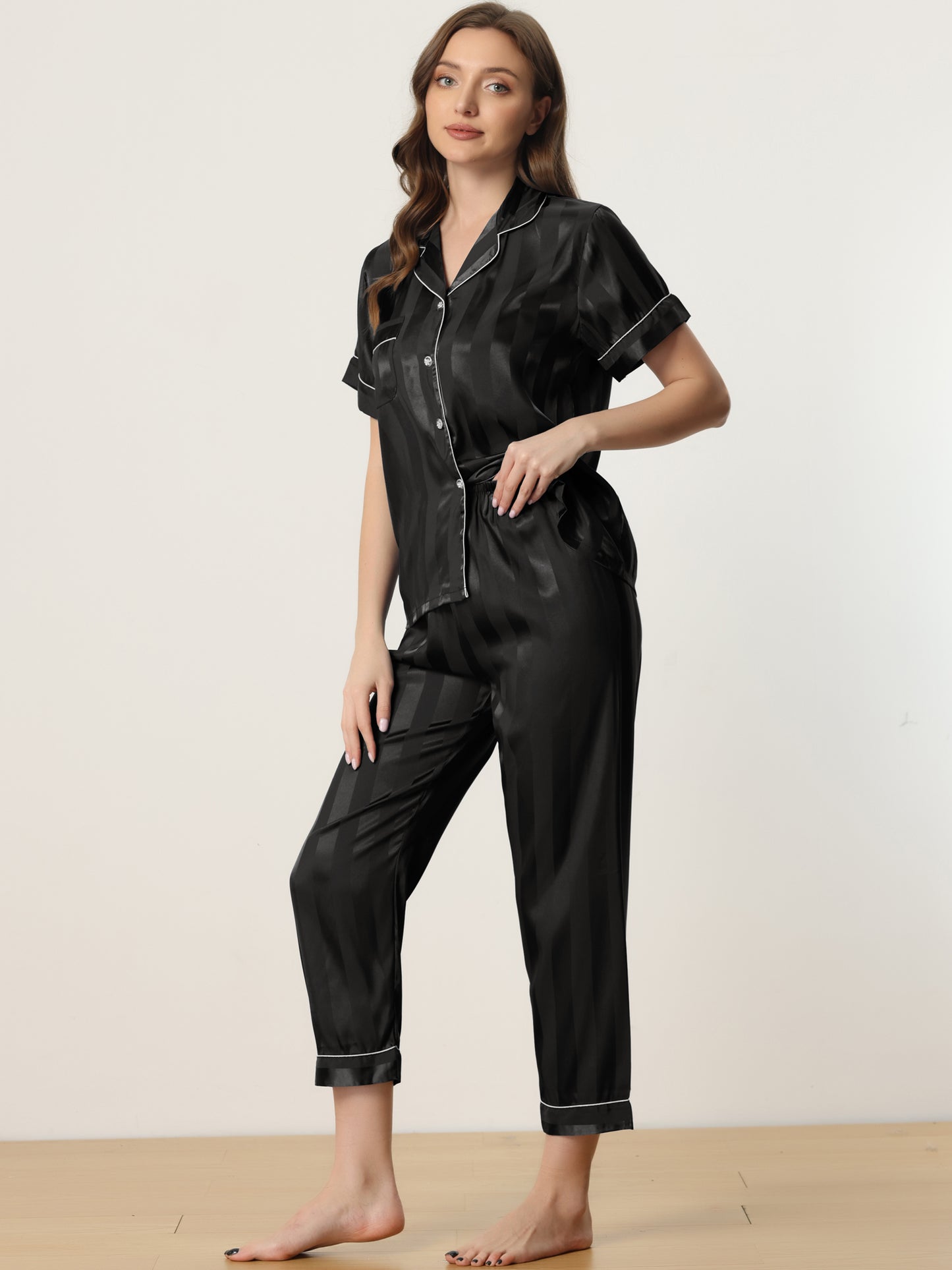 Women's Satin Button Down Sleepwear Striped Short Sleeve Long Pants Silky Pajama Set