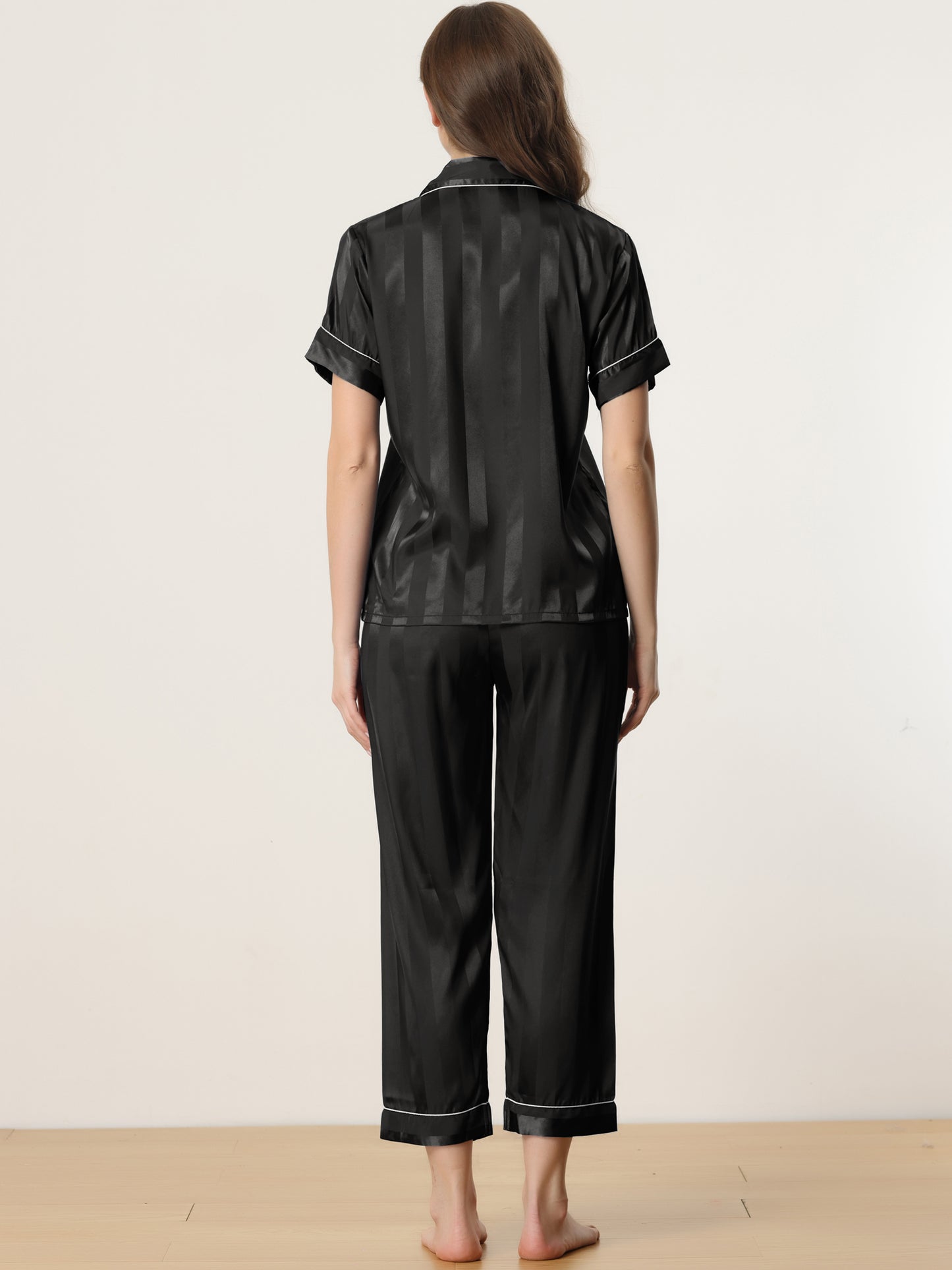 Women's Satin Button Down Sleepwear Striped Short Sleeve Long Pants Silky Pajama Set