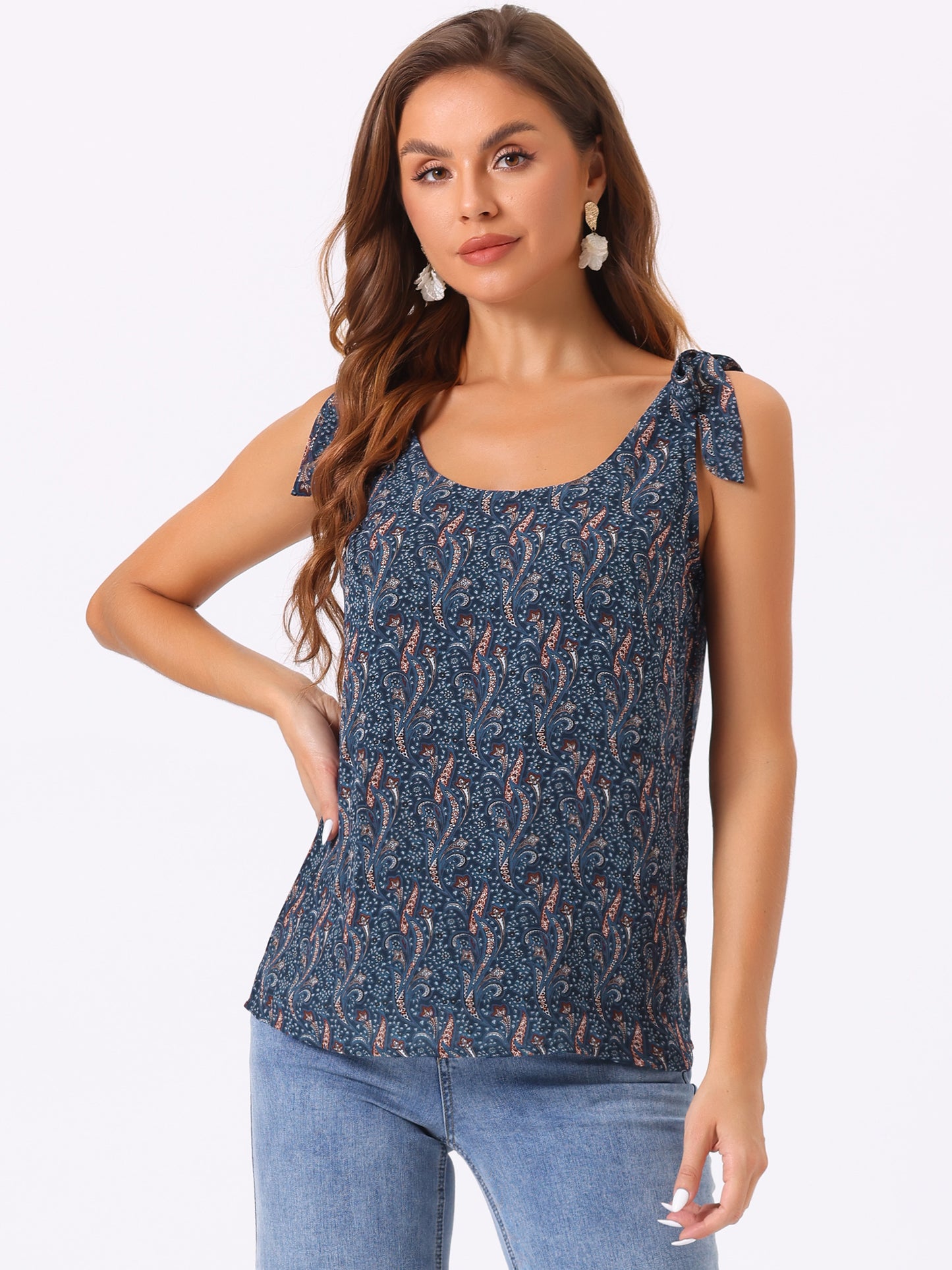 Women's Chiffon Floral Sleeveless Bow Tie Straps Boho Peasant Casual Vest Tank Top