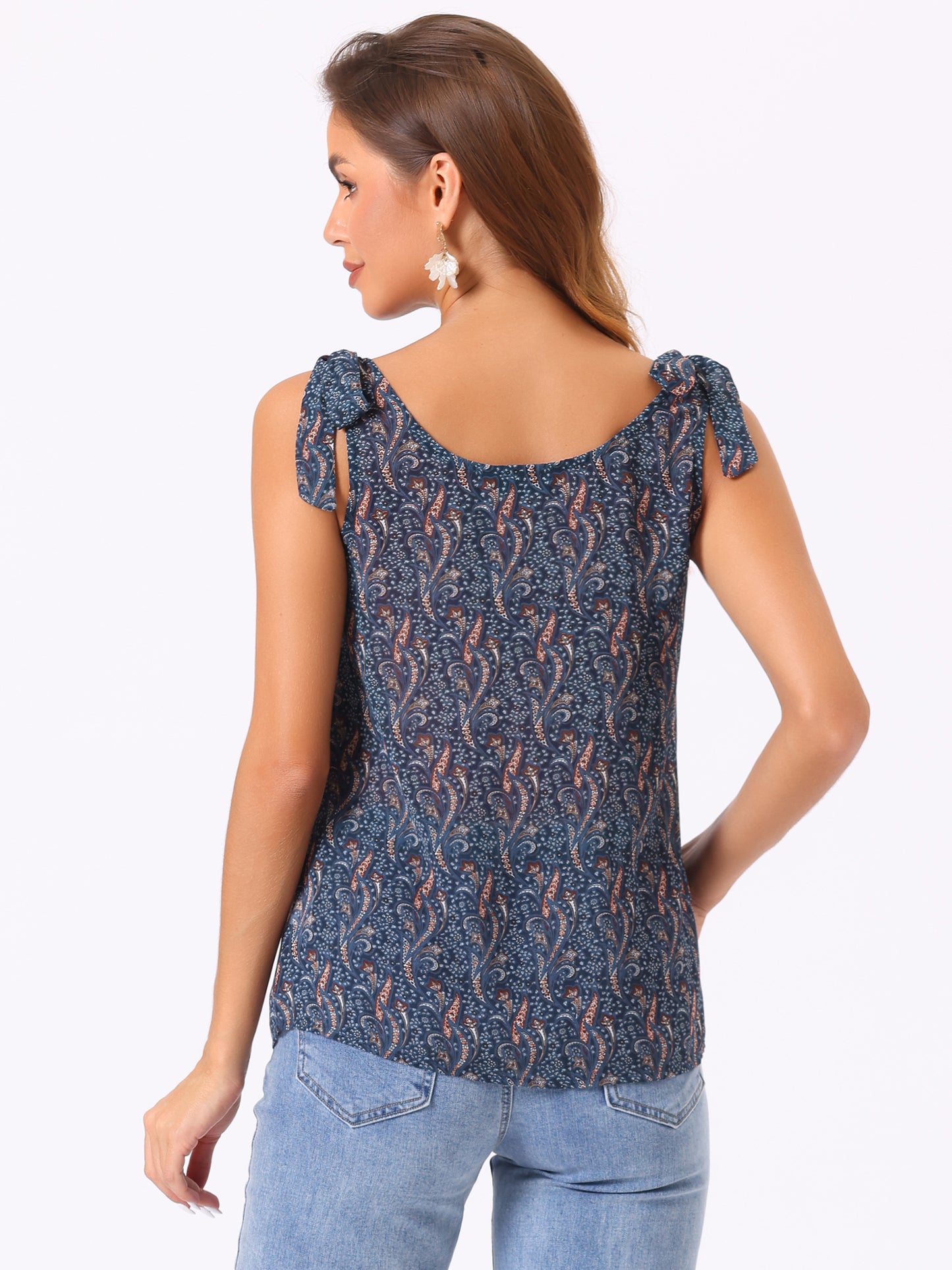 Women's Chiffon Floral Sleeveless Bow Tie Straps Boho Peasant Casual Vest Tank Top