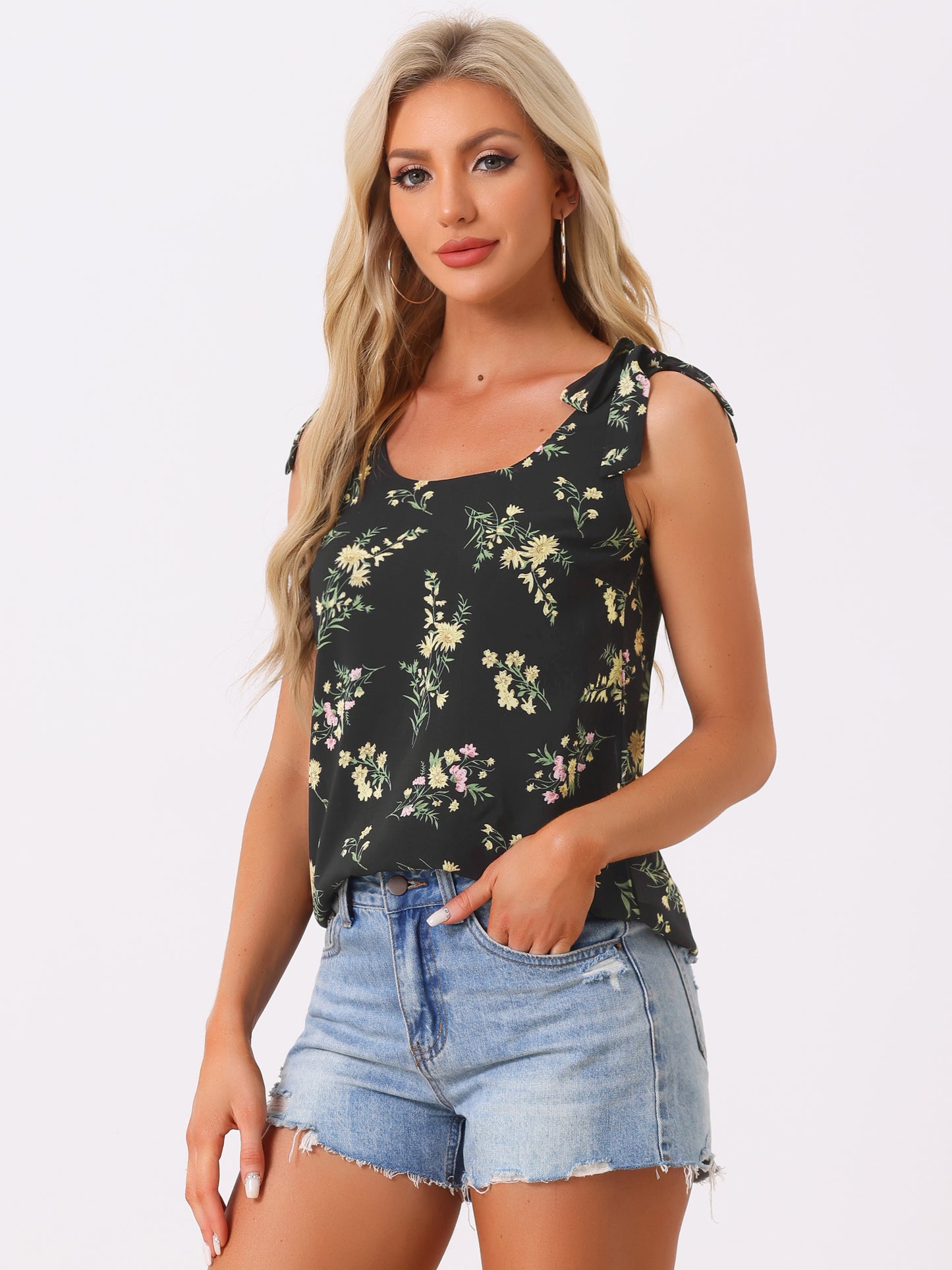 Women's Chiffon Floral Sleeveless Bow Tie Straps Boho Peasant Casual Vest Tank Top