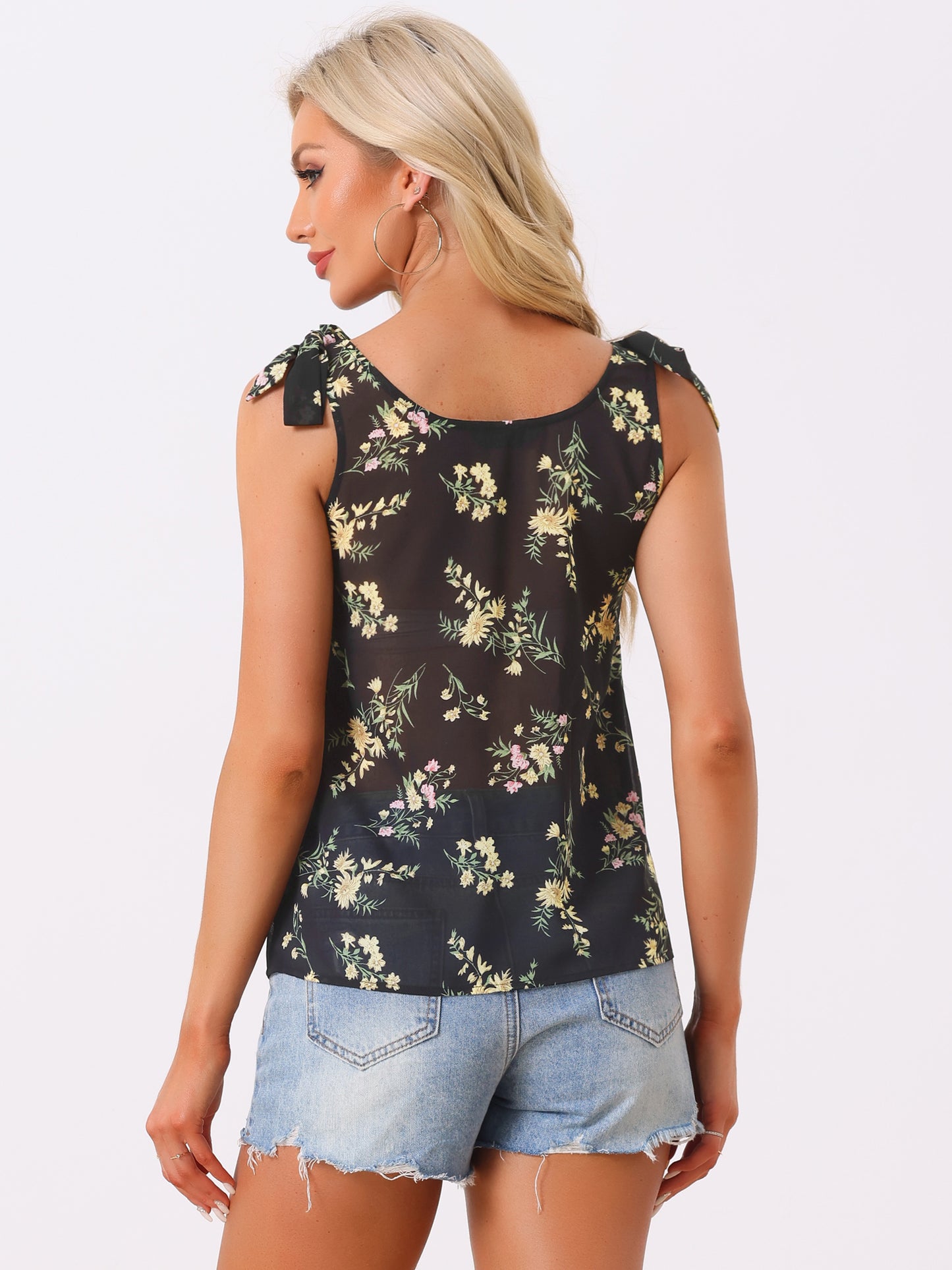 Women's Chiffon Floral Sleeveless Bow Tie Straps Boho Peasant Casual Vest Tank Top
