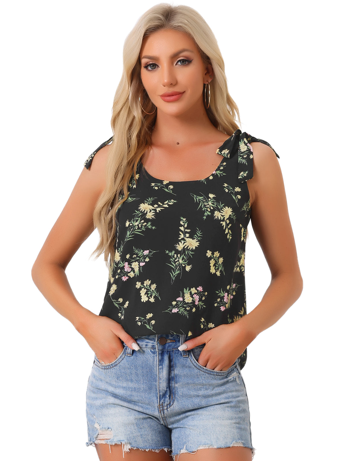 Women's Chiffon Floral Sleeveless Bow Tie Straps Boho Peasant Casual Vest Tank Top