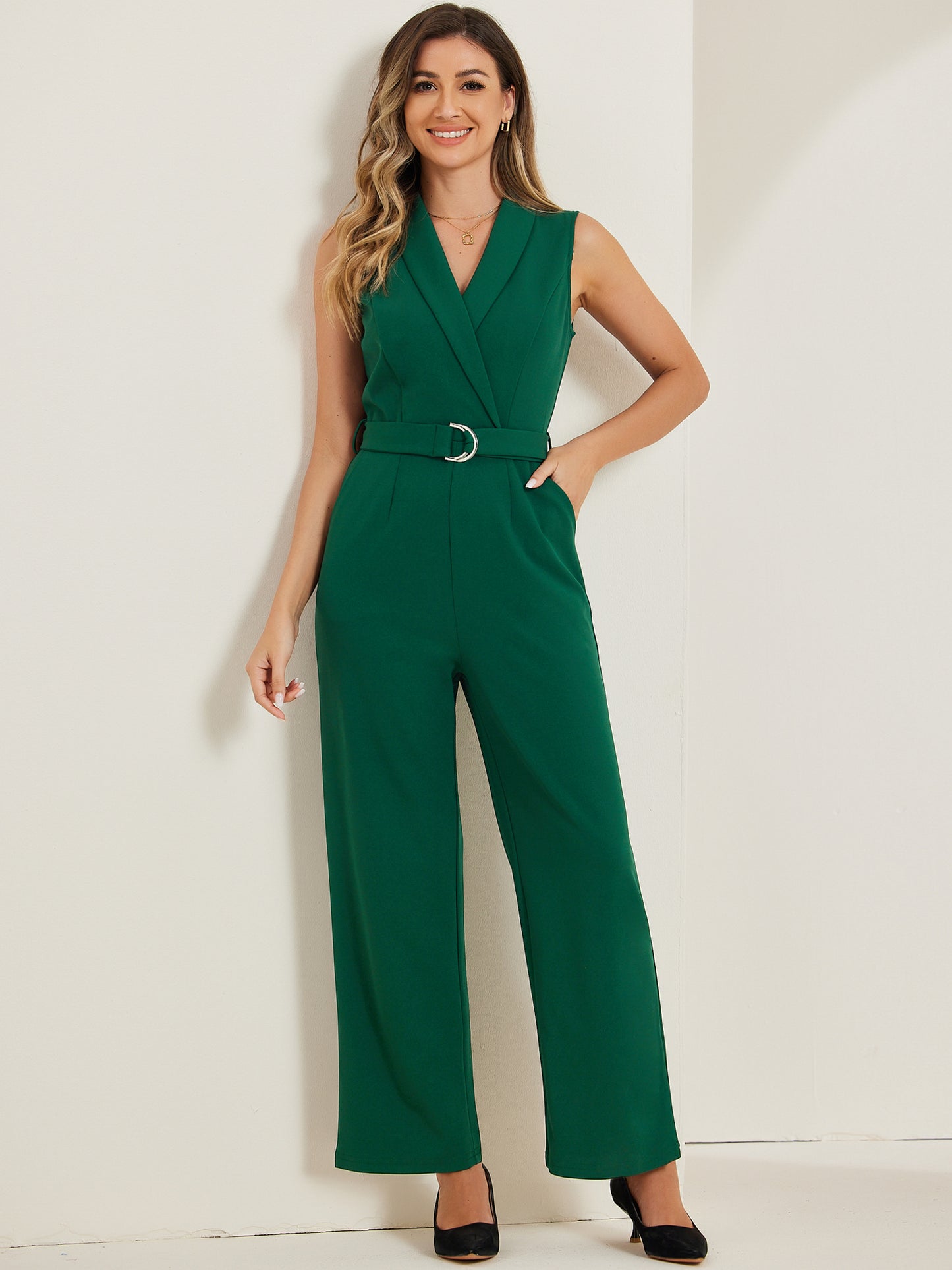 Women's Work Jumpsuit Formal Office Sleeveless Belted Jumpsuits Dressy Romper