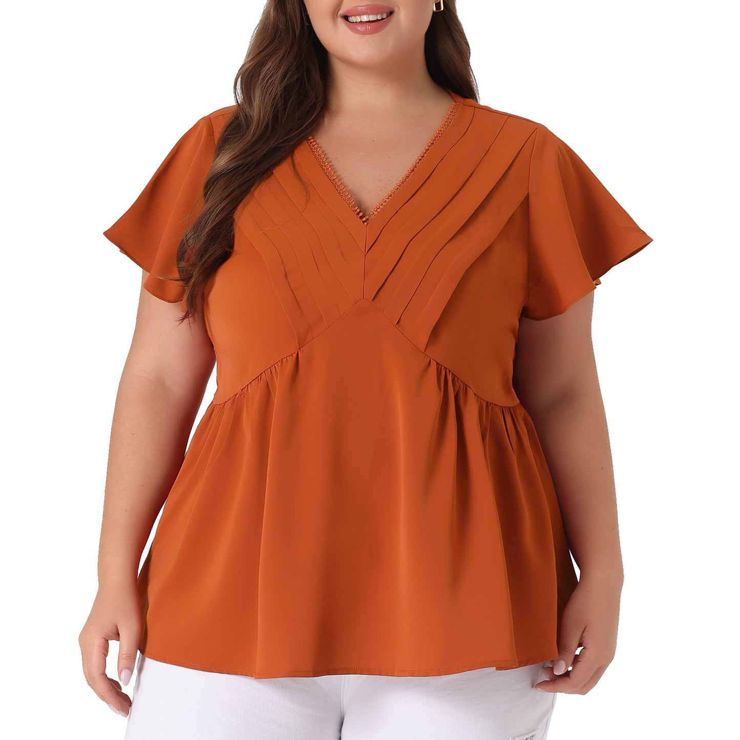 Women Plus Size Top Summer Flare Sleeve V Neck Lace Front Work Peplum Blouse