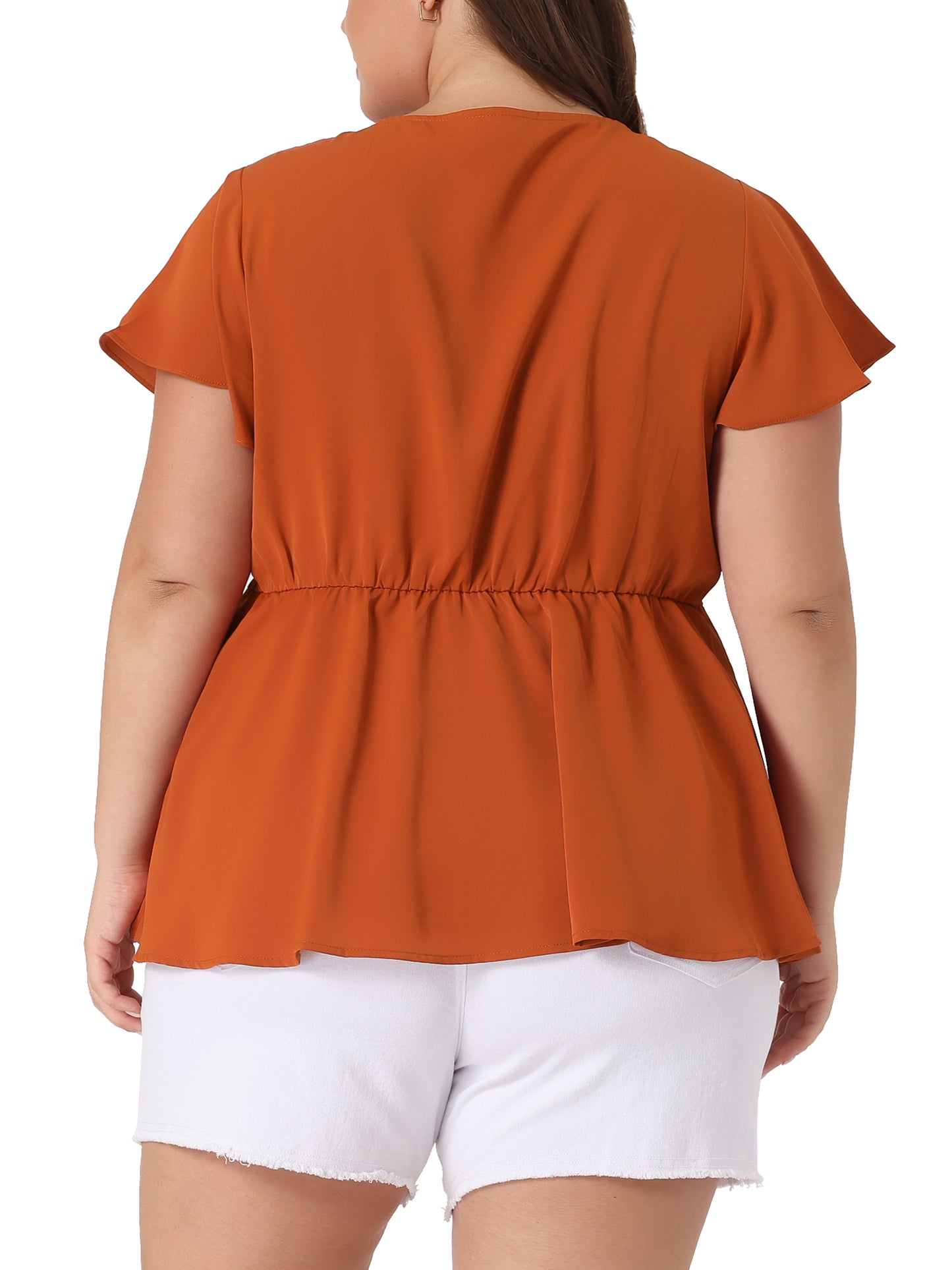 Women Plus Size Top Summer Flare Sleeve V Neck Lace Front Work Peplum Blouse