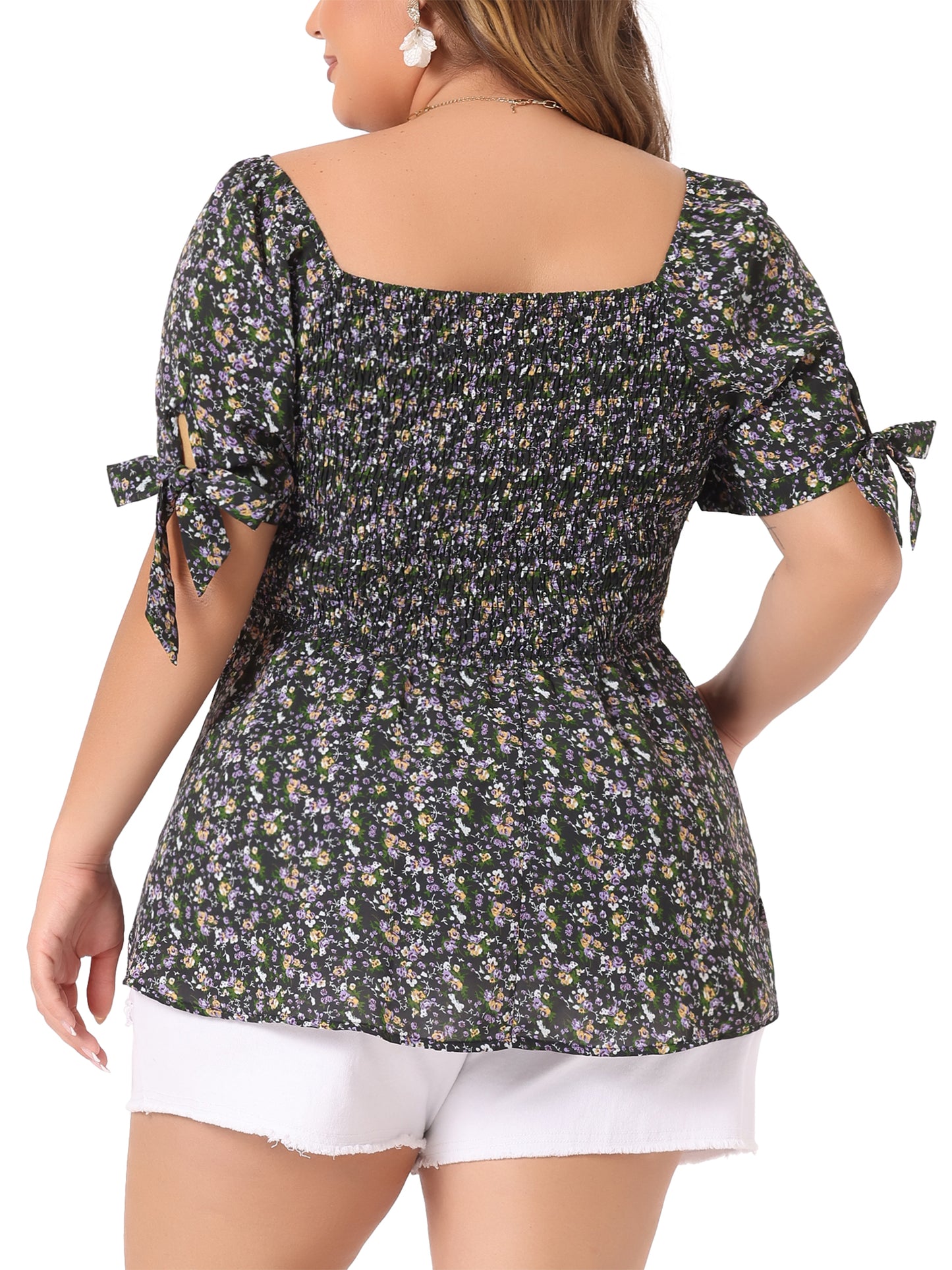 Women Plus Size Summer Top Square Neck Smocked Bow Tie Short Sleeve Peplum Blouse