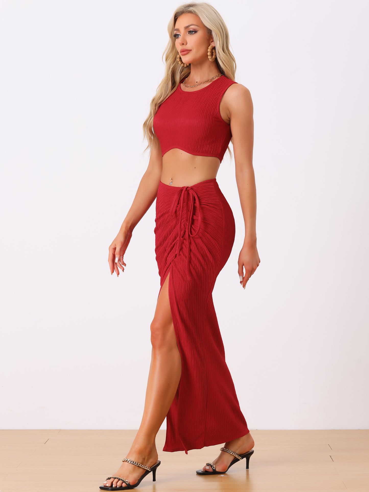 Women's 2 Pieces Skirt Set Sleeveless Tank Top Tie Front Split Midi Skirt