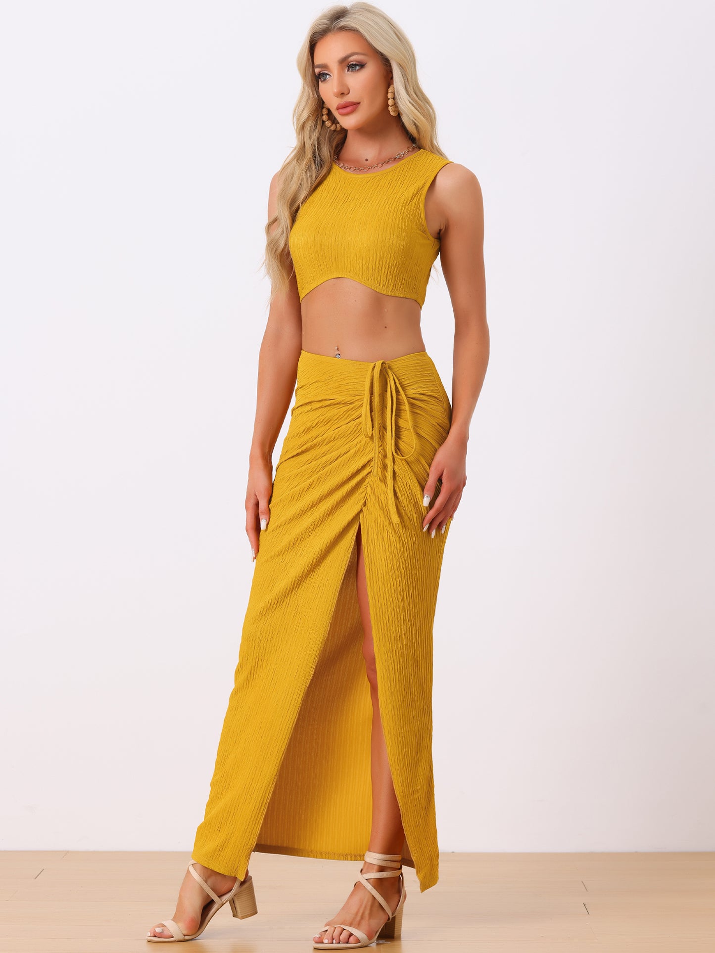Women's 2 Pieces Skirt Set Sleeveless Tank Top Tie Front Split Midi Skirt