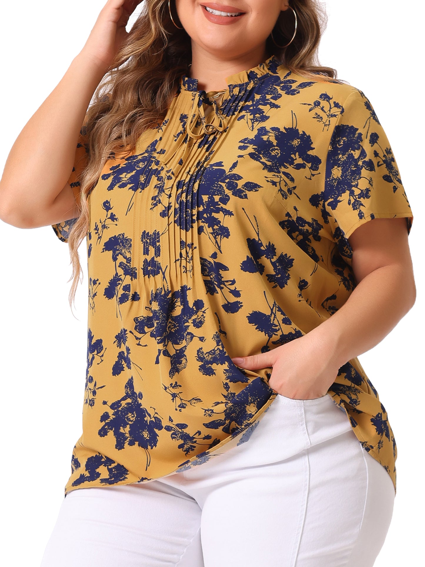 Women Plus Size Tie Neck Short Sleeve Pleated Floral Summer Blouse
