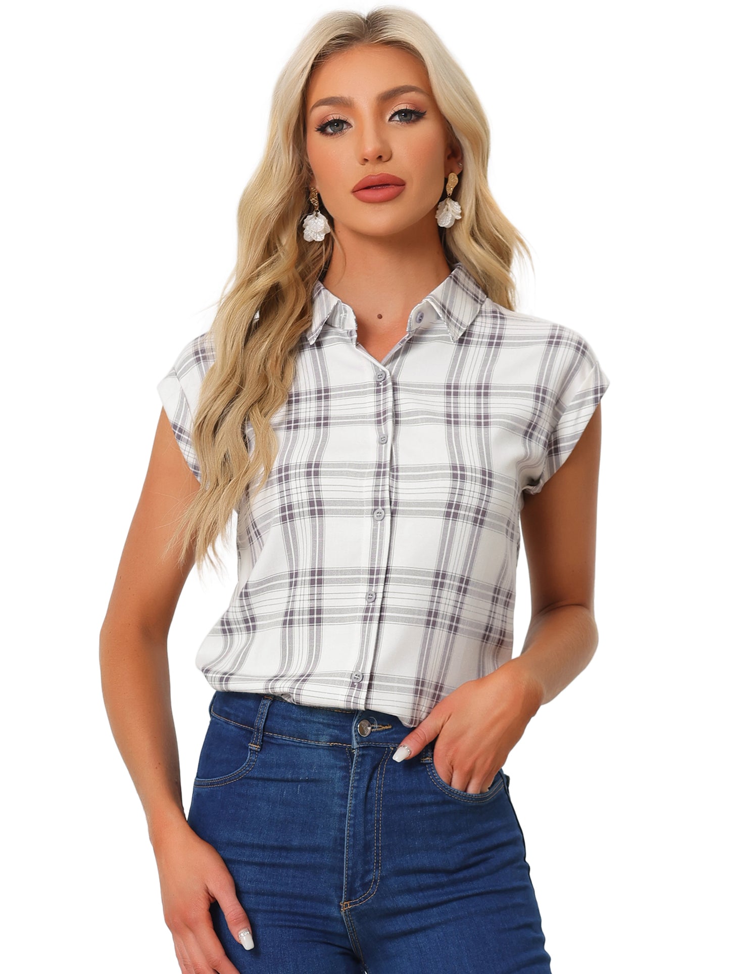 Women's Summer Plaid Cap Sleeves Button Down Shirt