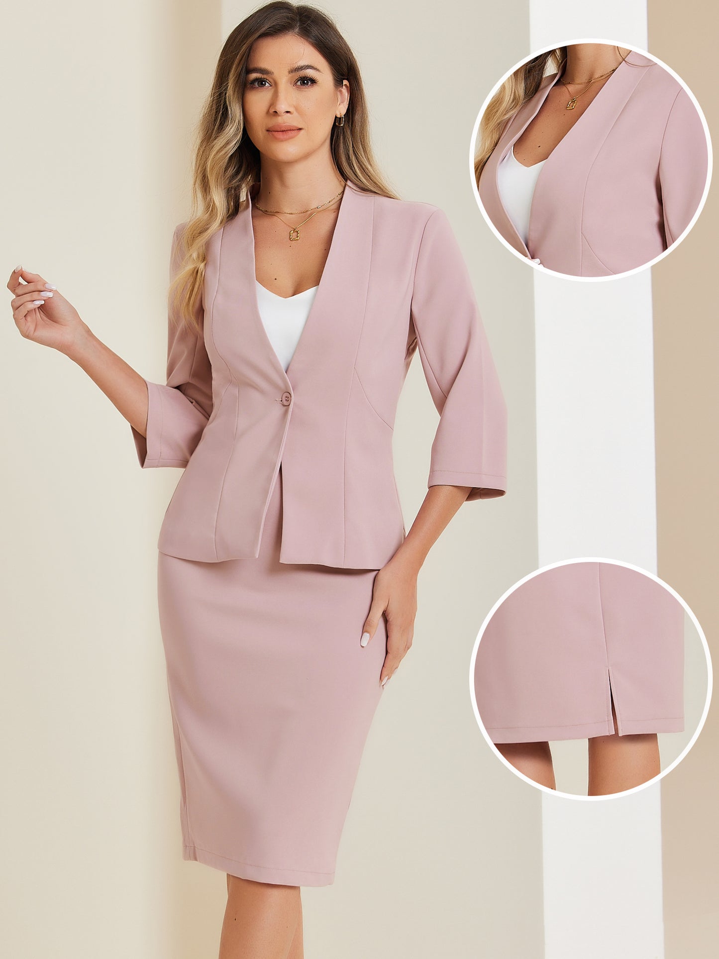 Women's 2 Piece Business Skirt Suit Set Office Work Collarless Blazer Pencil Skirt (Available in Plus Size)