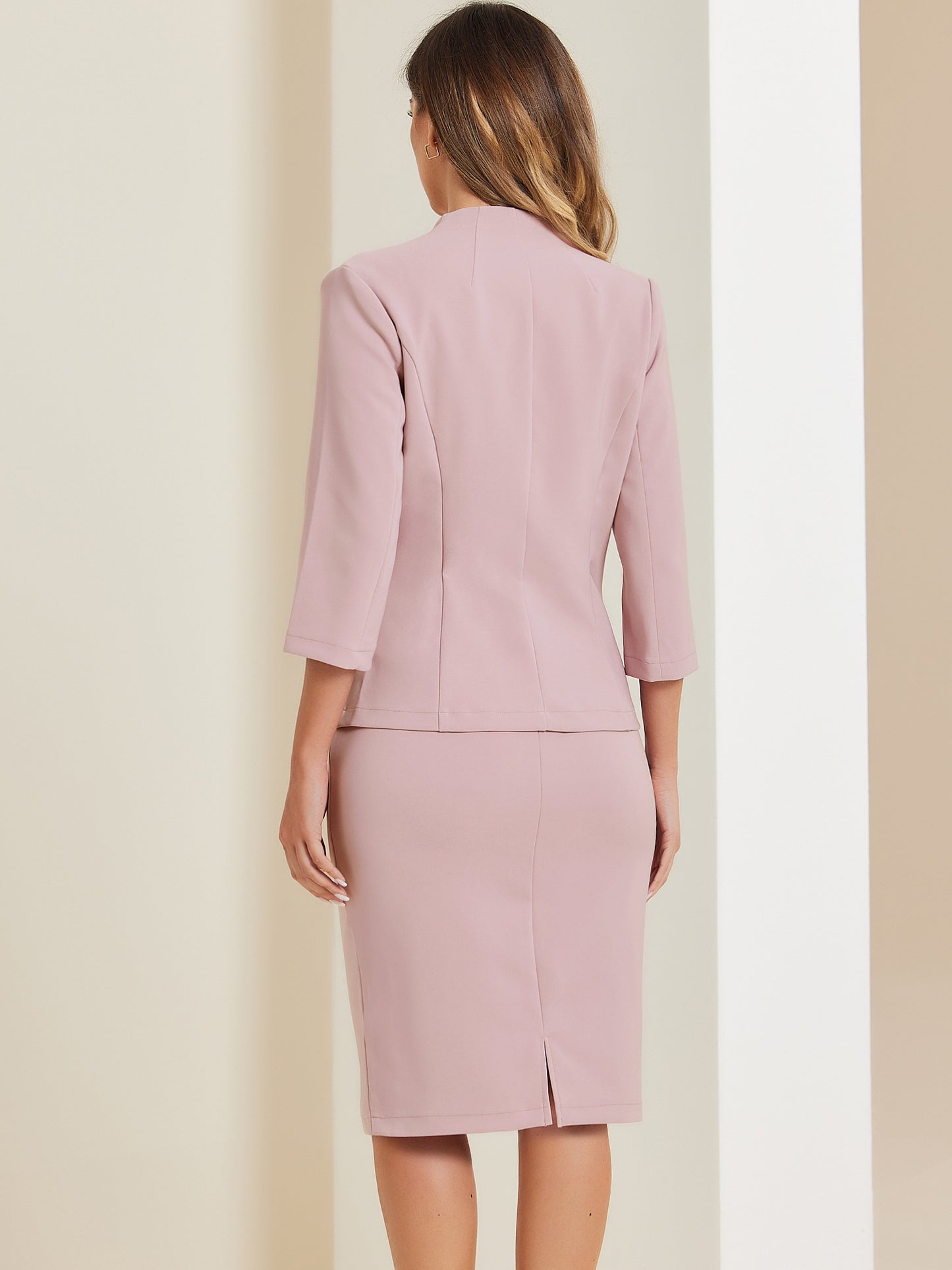 Women's 2 Piece Business Skirt Suit Set Office Work Collarless Blazer Pencil Skirt (Available in Plus Size)