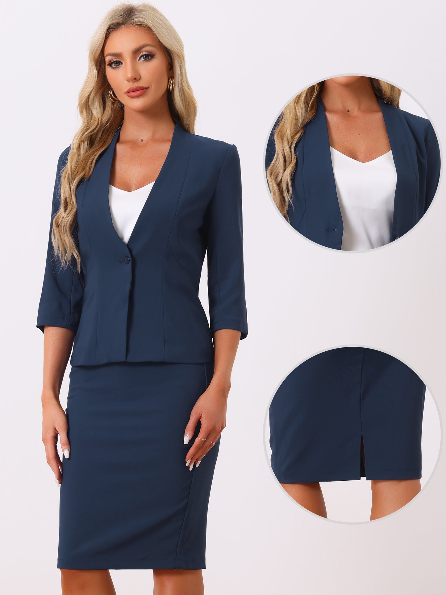 Women's 2 Piece Business Skirt Suit Set Office Work Collarless Blazer Pencil Skirt