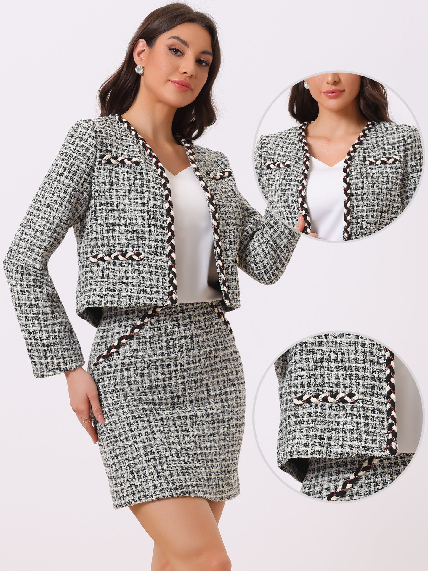 Women's Two Piece Business Tweed Collarless Blazer and Mini Skirt Set