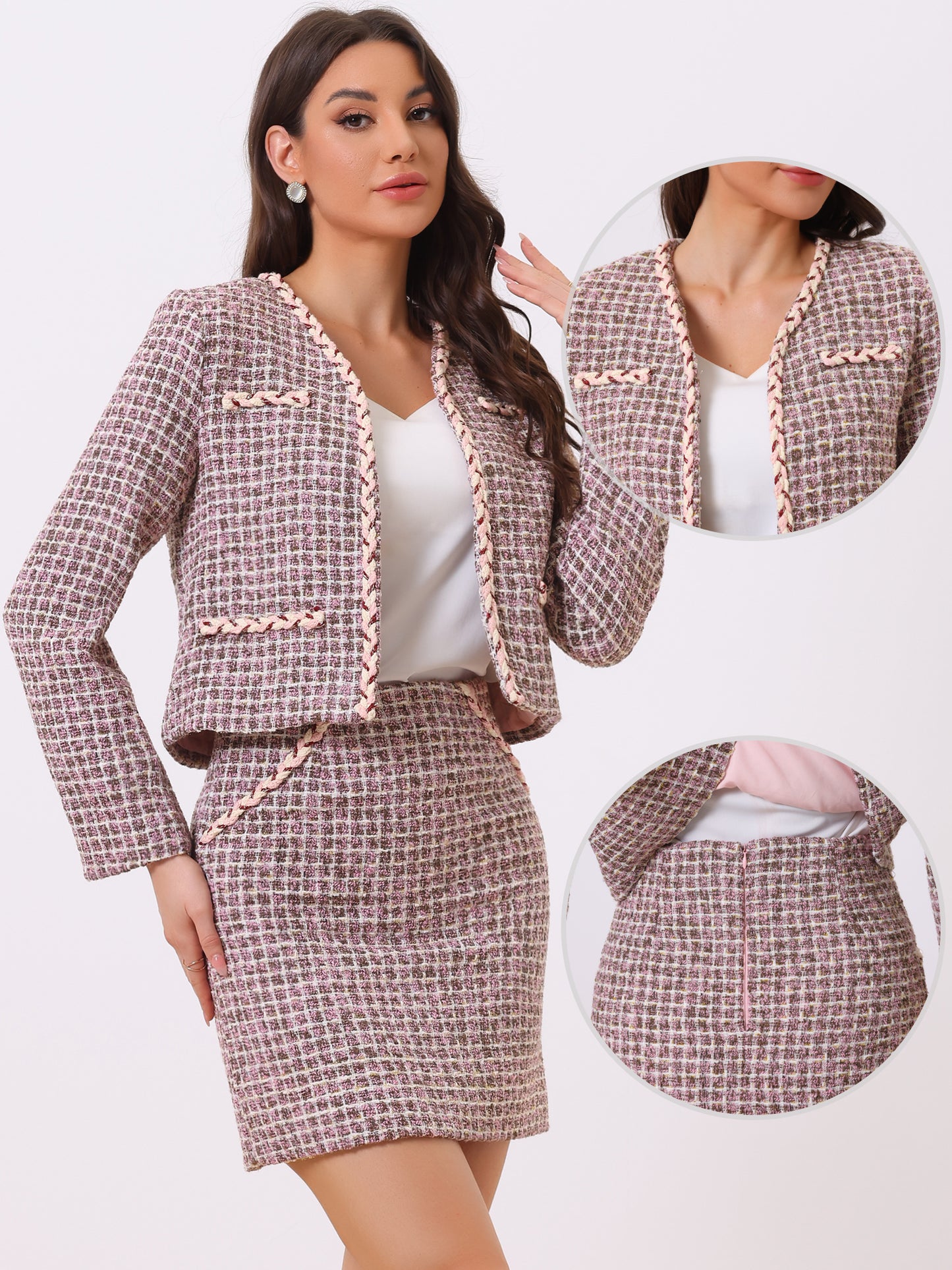 Women's Two Piece Business Tweed Collarless Blazer and Mini Skirt Set