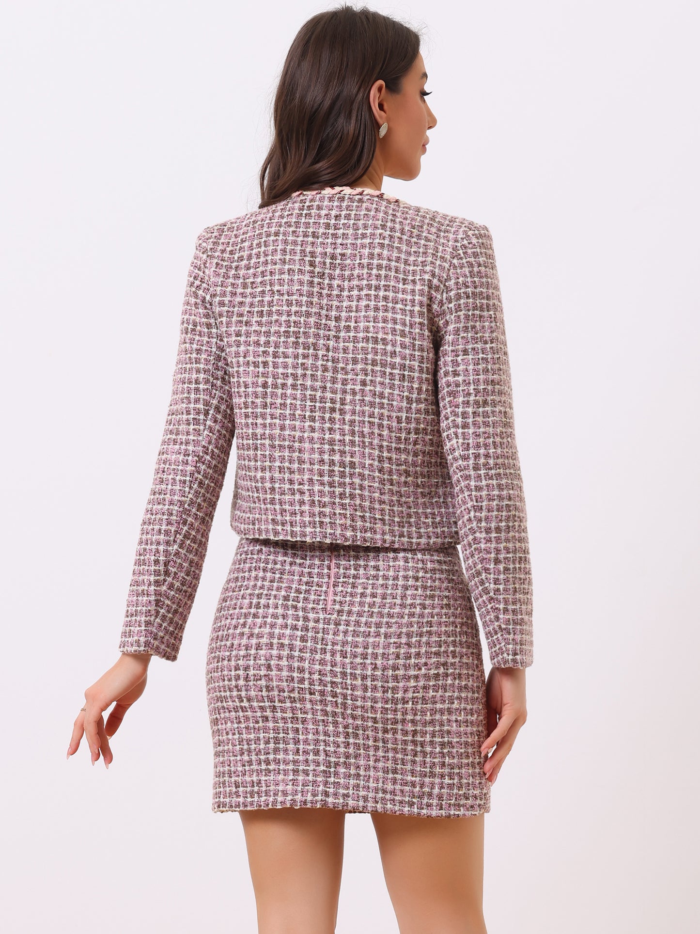 Women's Two Piece Business Tweed Collarless Blazer and Mini Skirt Set