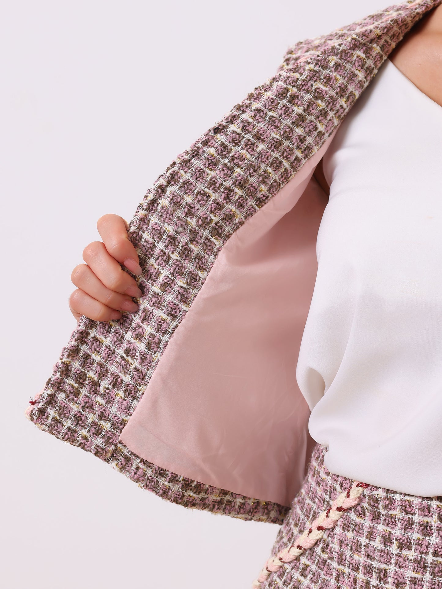 Women's Two Piece Business Tweed Collarless Blazer and Mini Skirt Set