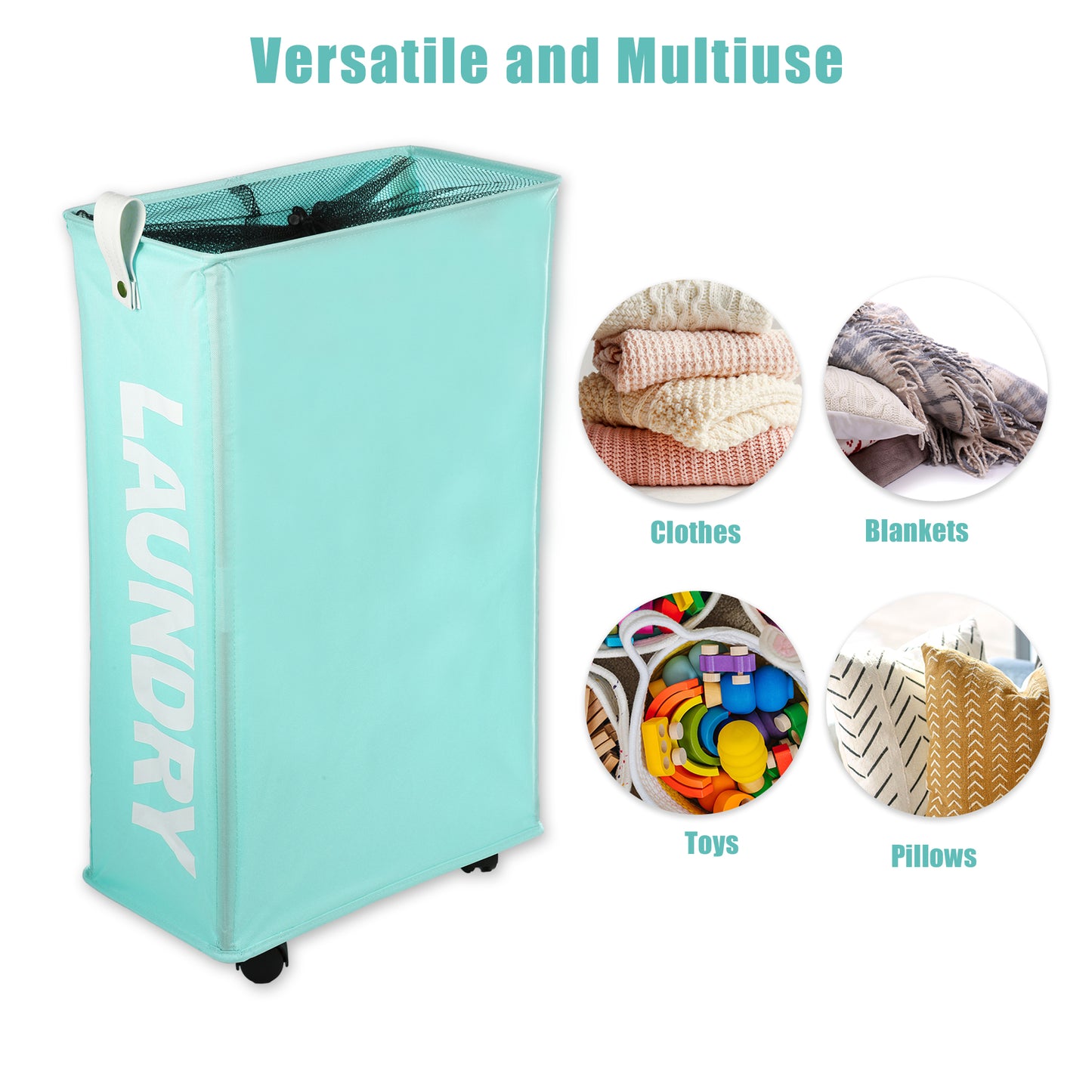 Laundry Basket With Wheels, 27" Slim Tall Rolling Laundry Basket, 55L Green