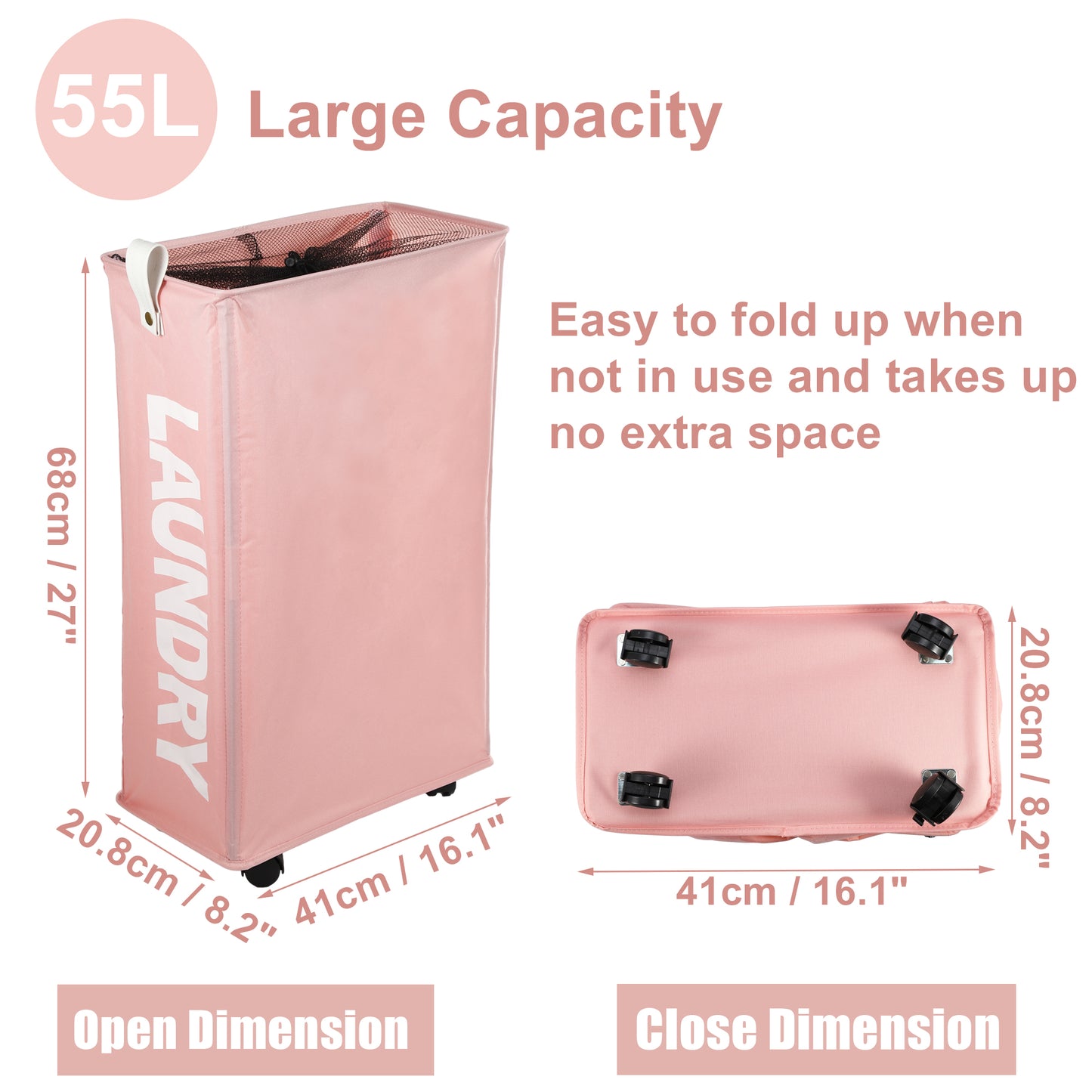 Laundry Basket With Wheels, 27" Slim Tall Rolling Laundry Basket, 55L Pink